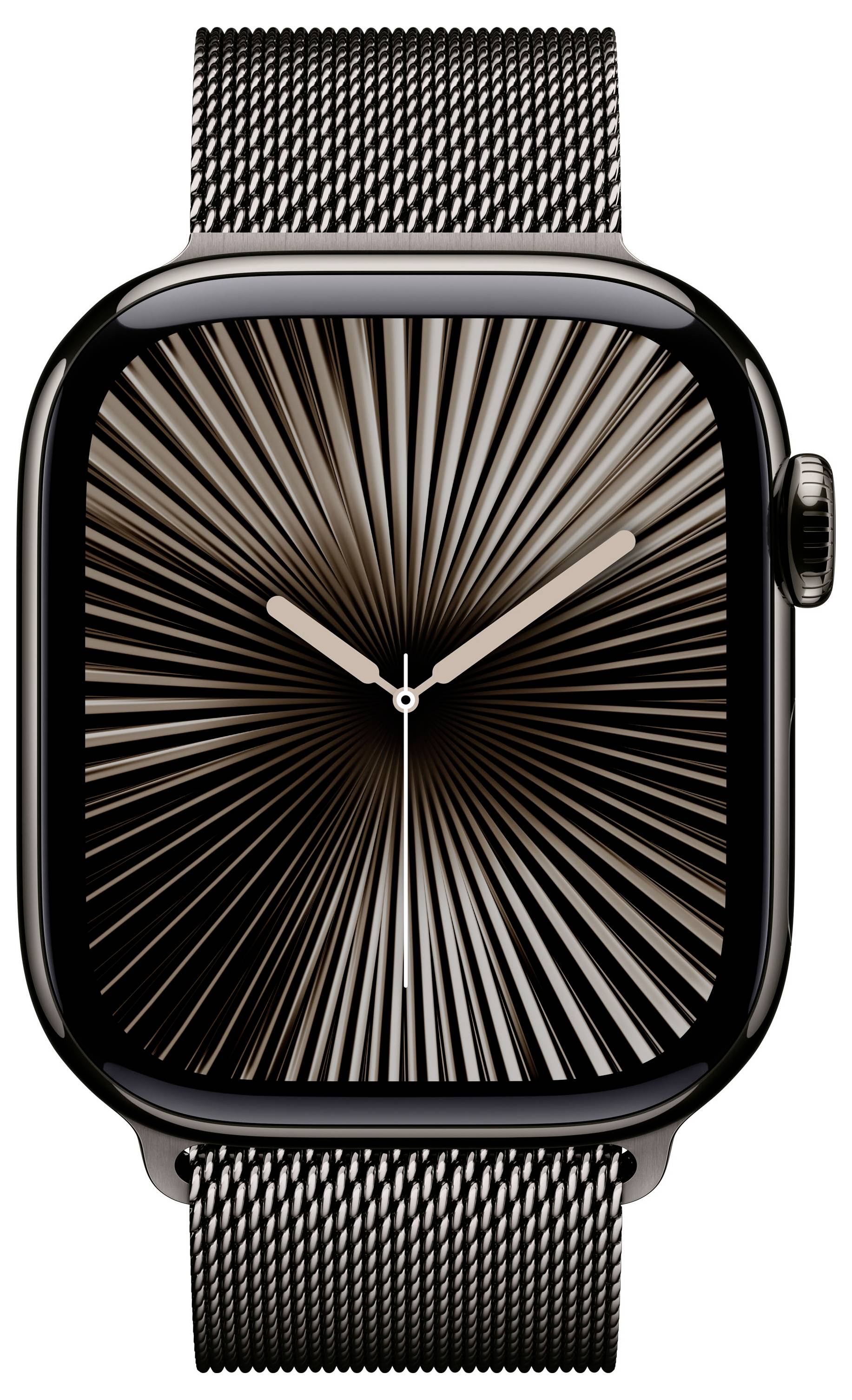 Schwarze Smartwatch mit runden Ecken, modernem Zifferblatt mit strahlenförmigem Muster und einem schlanken Metallarmband.