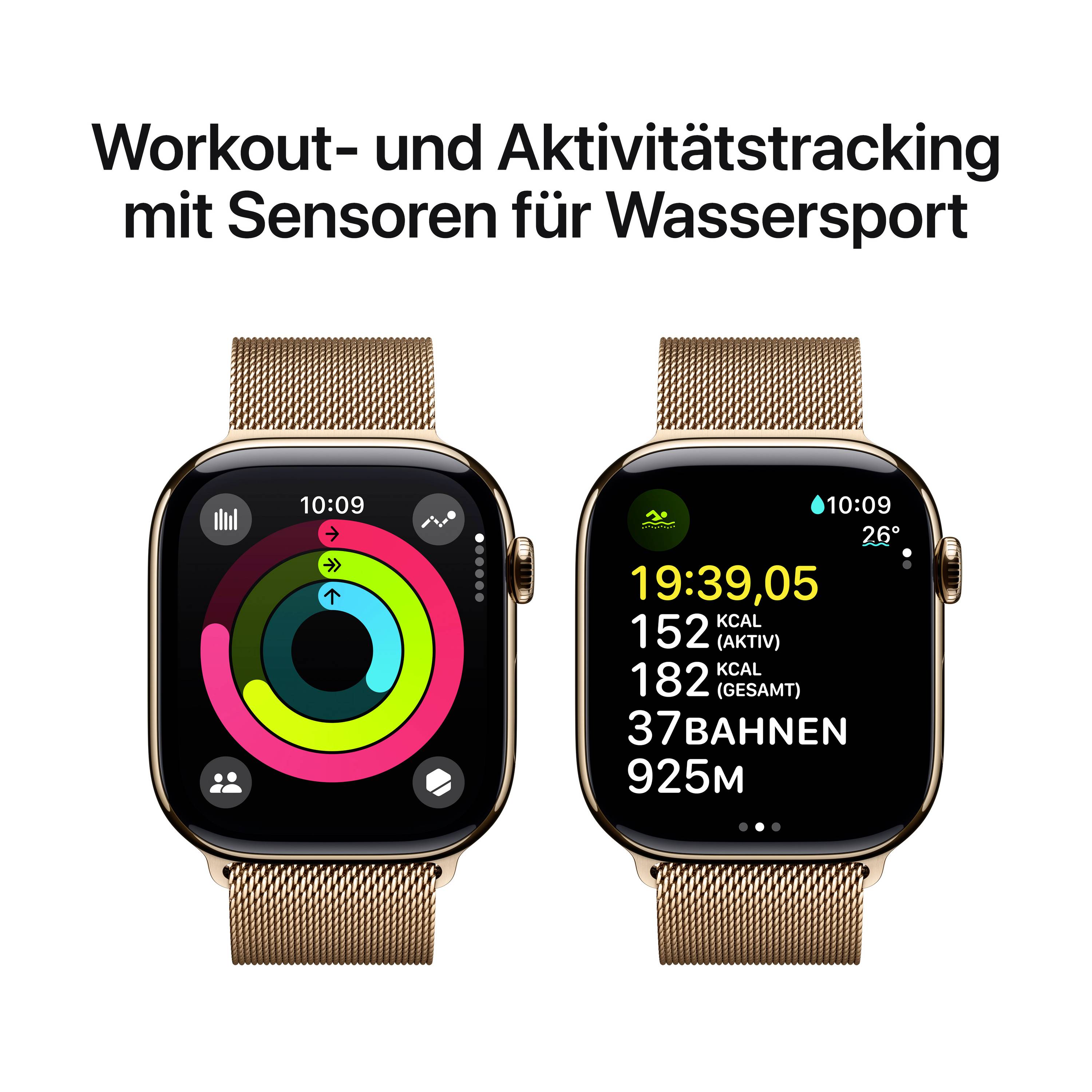 Zwei Smartwatches mit Aktivitäts- und Schwimmstatistiken. Links: Aktivitätsringe. Rechts: Zeit, Kalorien, Bahnen, Distanz im Wasser.