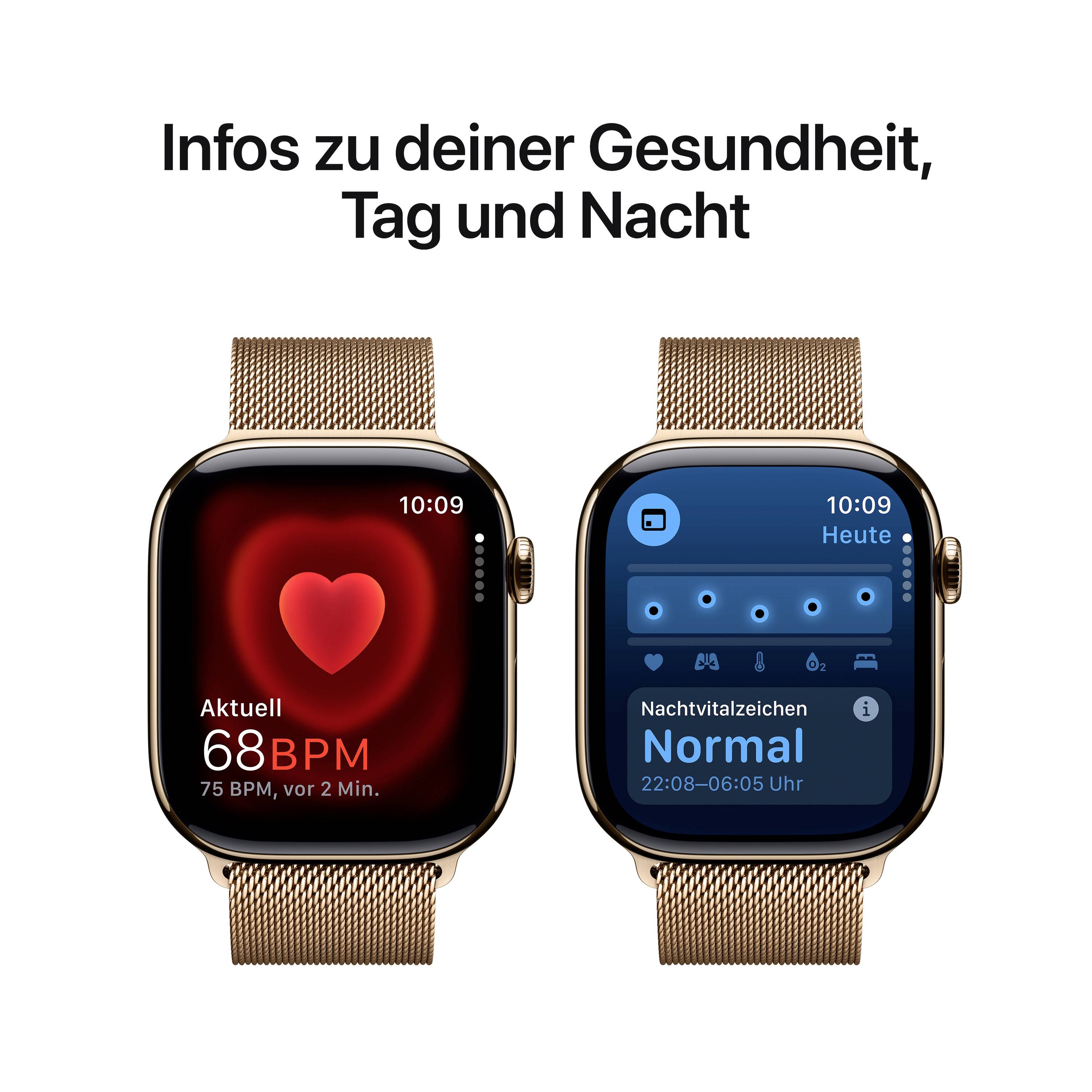'Infos zu deiner Gesundheit, Tag und Nacht.' Zwei Smartwatches zeigen Herzfrequenz mit 68 BPM im roten Display und Schlafdaten im blauen Display an.