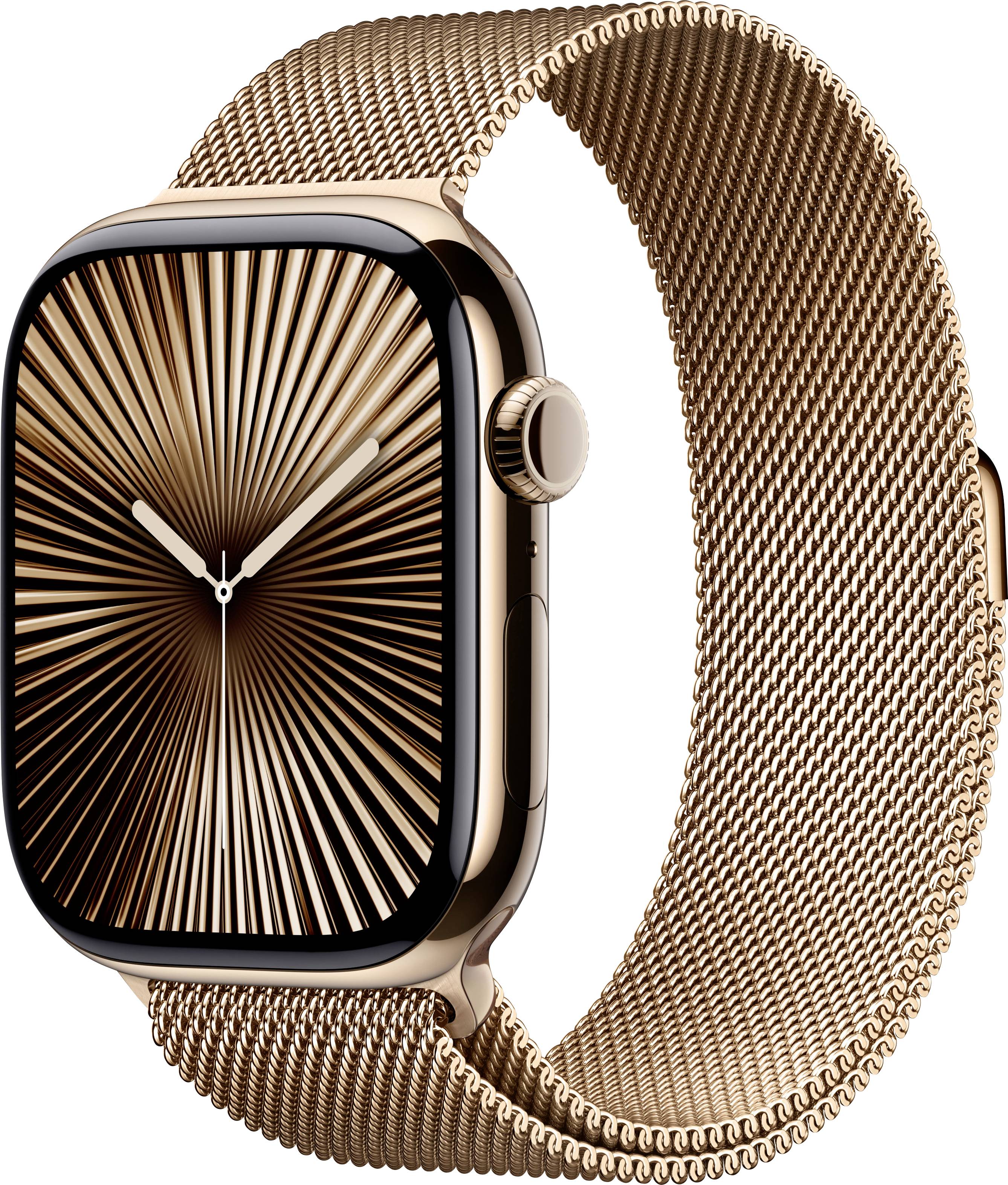 Eine goldene Smartwatch mit einem feinmaschigen Metallarmband und einem Display, das ein strahlenförmiges Muster zeigt.