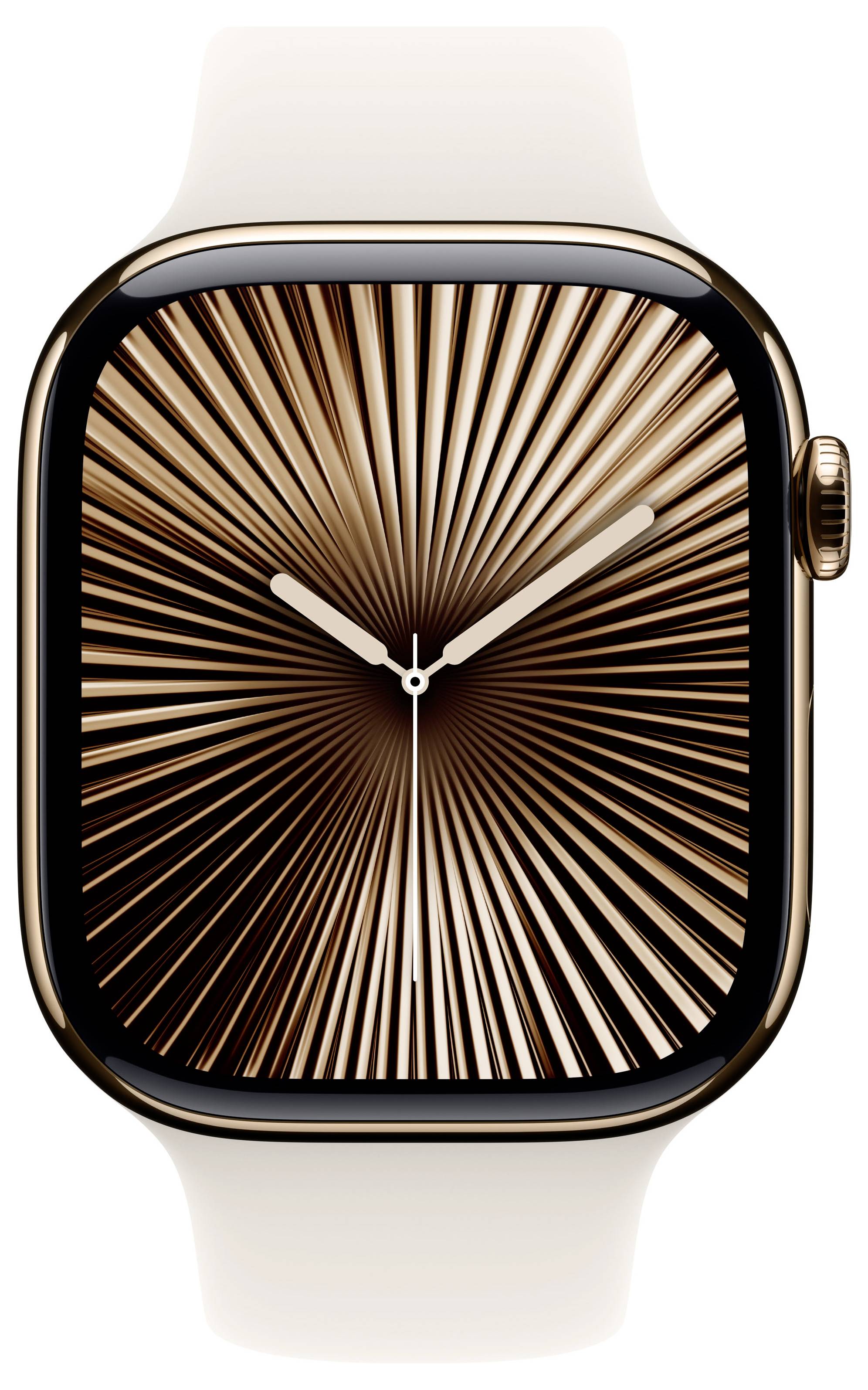 Goldene Smartwatch mit cremefarbenem Armband, auf dem Display ein strahlenförmiges, rotierendes Muster in Brauntönen.
