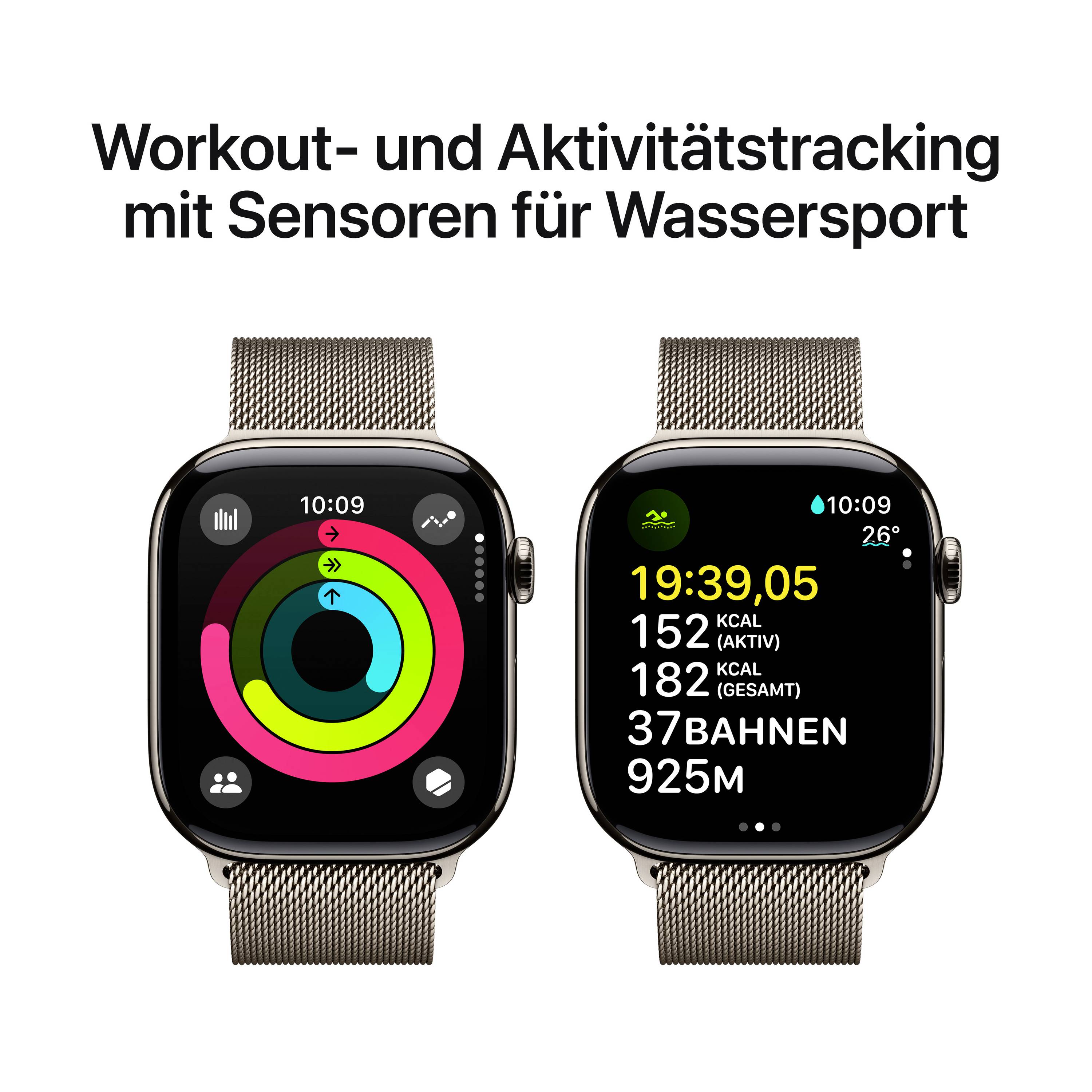 Zwei Smartwatches zeigen Fitness- und Aktivitätsdaten, darunter Ringe für Kalorien, Minuten und Stehen sowie Schwimminfos wie Bahnen.
