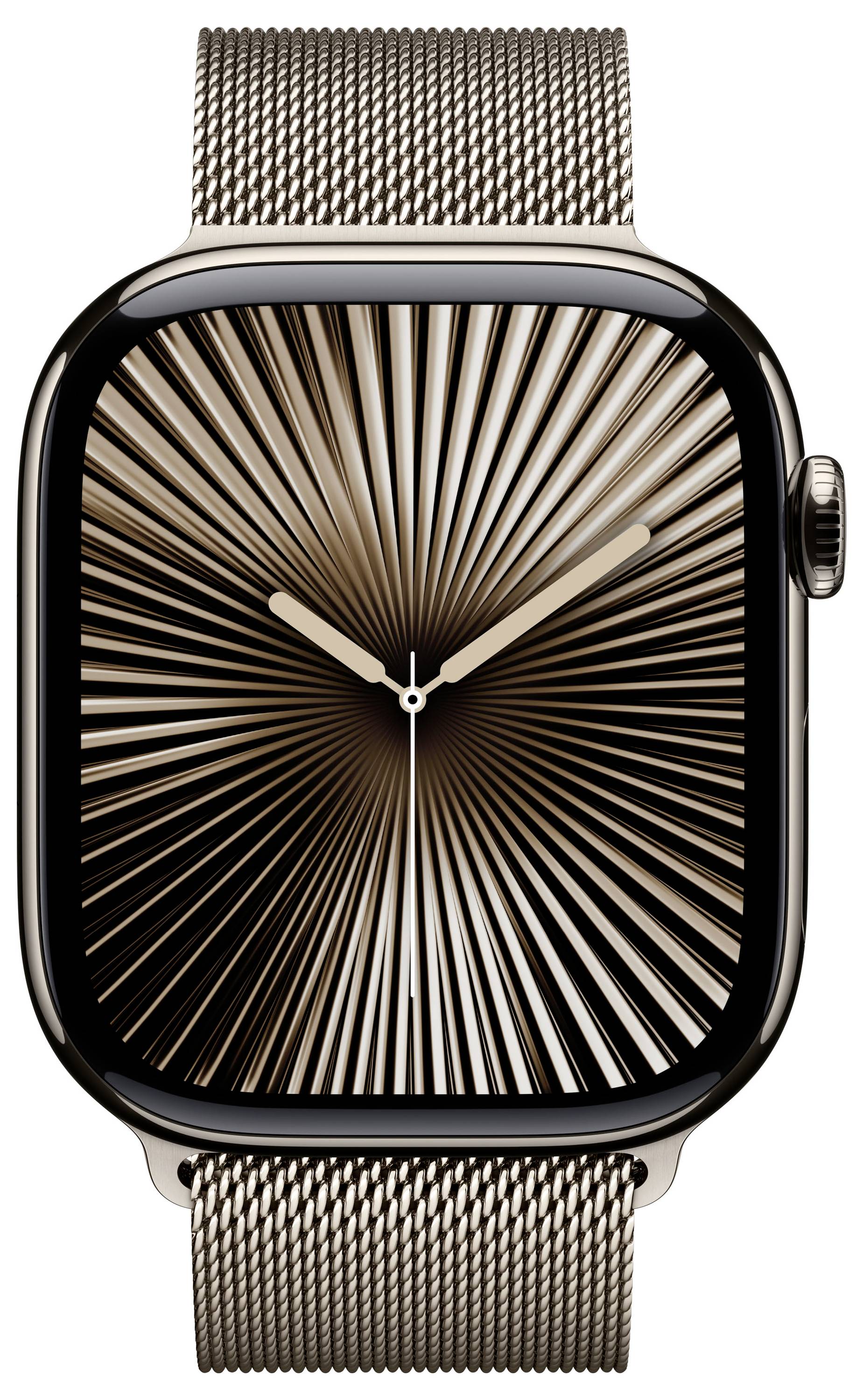 Goldene Smartwatch mit runden Ecken und Edelstahlarmband, zeigt ein abstraktes Sonnenstrahlenmuster auf dem Zifferblatt ohne Zahlen.