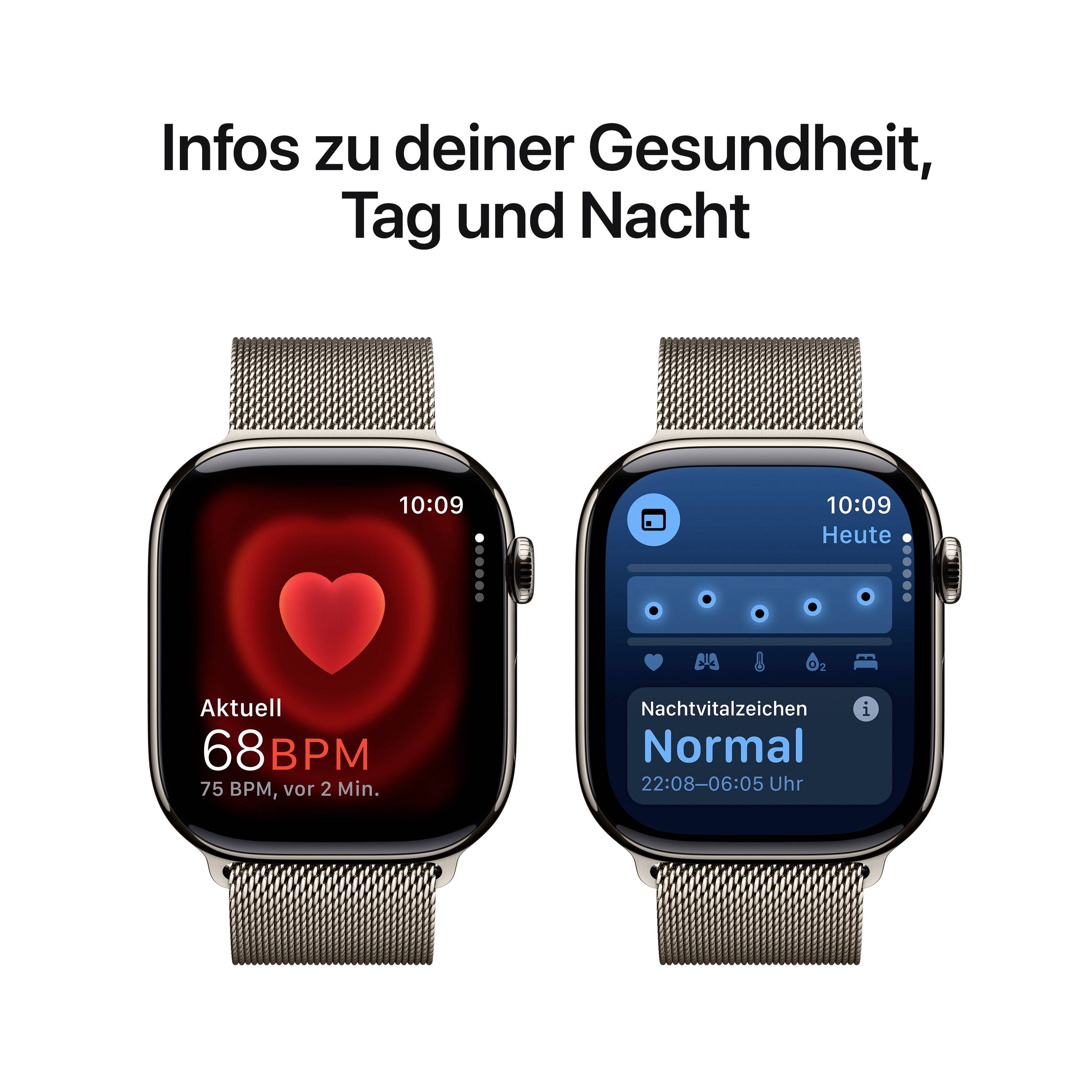 Zwei Smartwatches zeigen Gesundheitsdaten, links: Herzsymbol mit '68 BPM', rechts: Nachtvitalzeichen 'Normal' mit Mondsymbol.