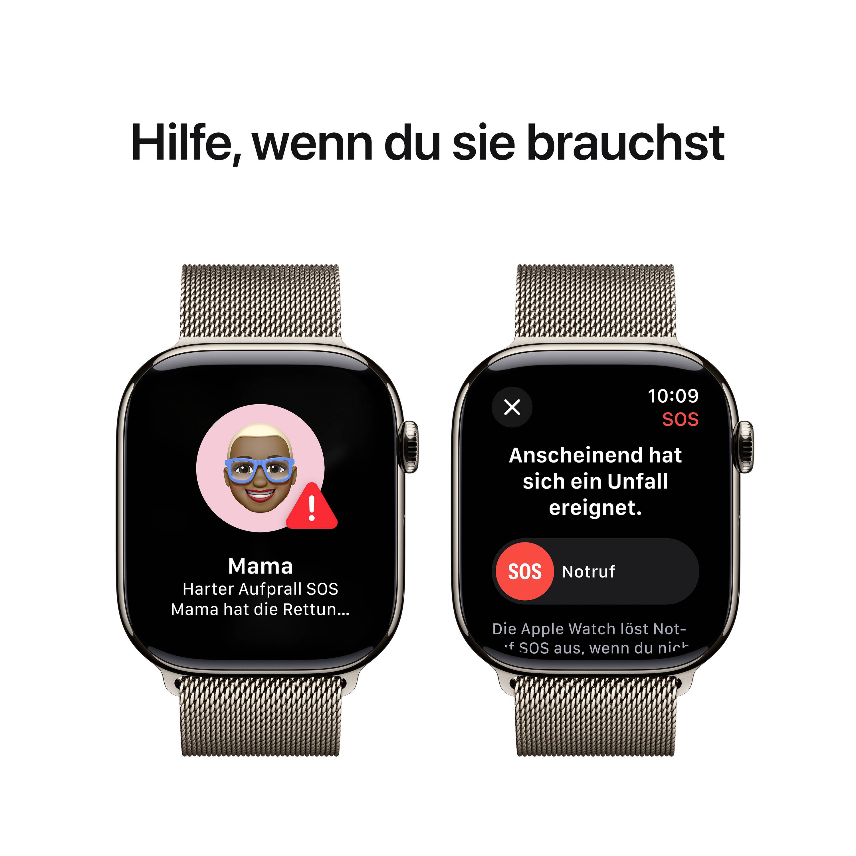 Zwei Smartwatch-Bildschirme zeigen eine SOS-Benachrichtigung mit Text 'Mama harter Aufprall SOS' und 'Anscheinend hat sich ein Unfall ereignet'.