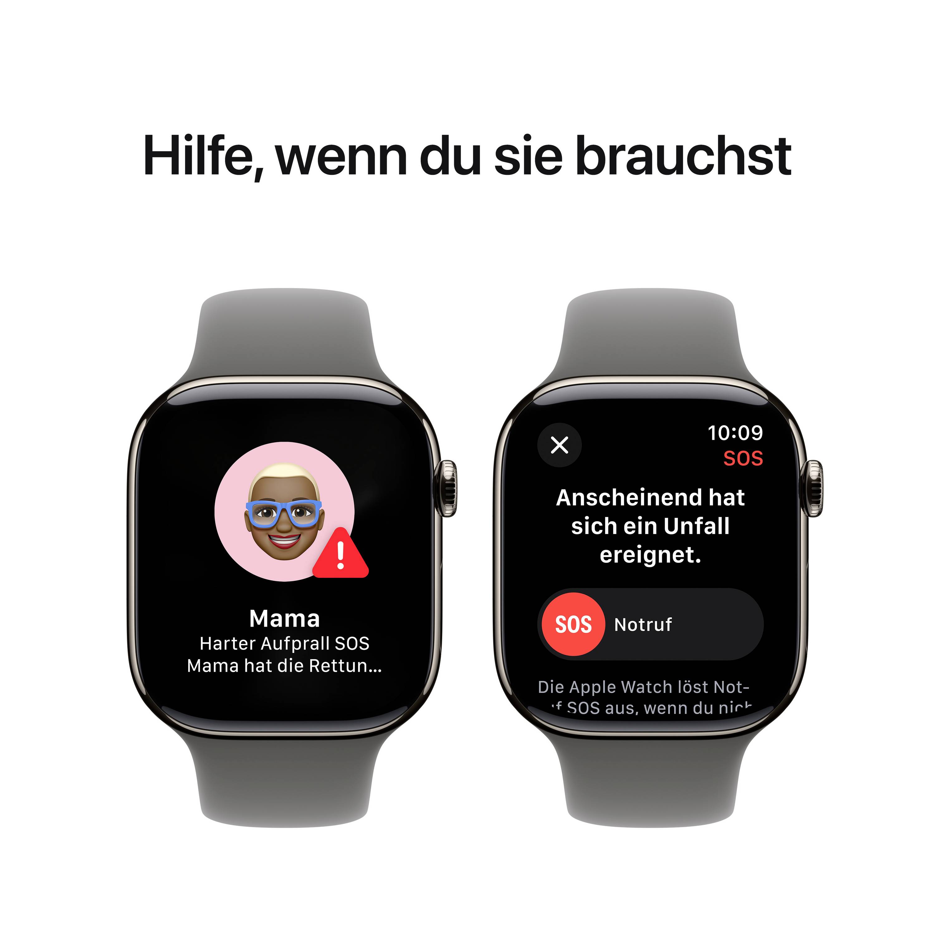 Zwei Smartwatch-Bildschirme: Links ein SOS-Avatar, Text 'Mama'. Rechts Meldung: 'Anscheinend hat sich ein Unfall ereignet.'