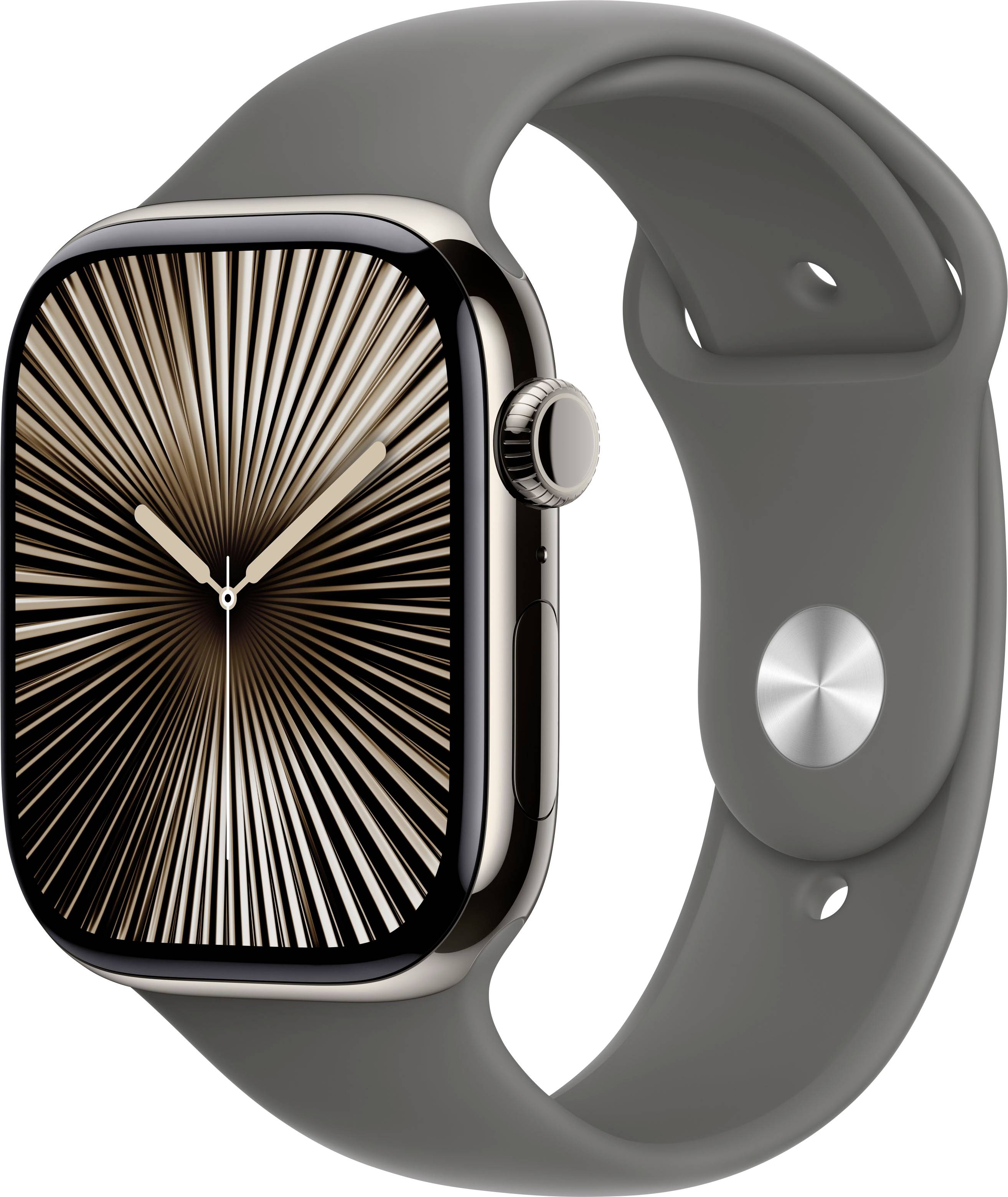 Smartwatch mit grauem Armband und geometrischem Zifferblattmuster. Anzeigezeit: 10:09 Uhr.