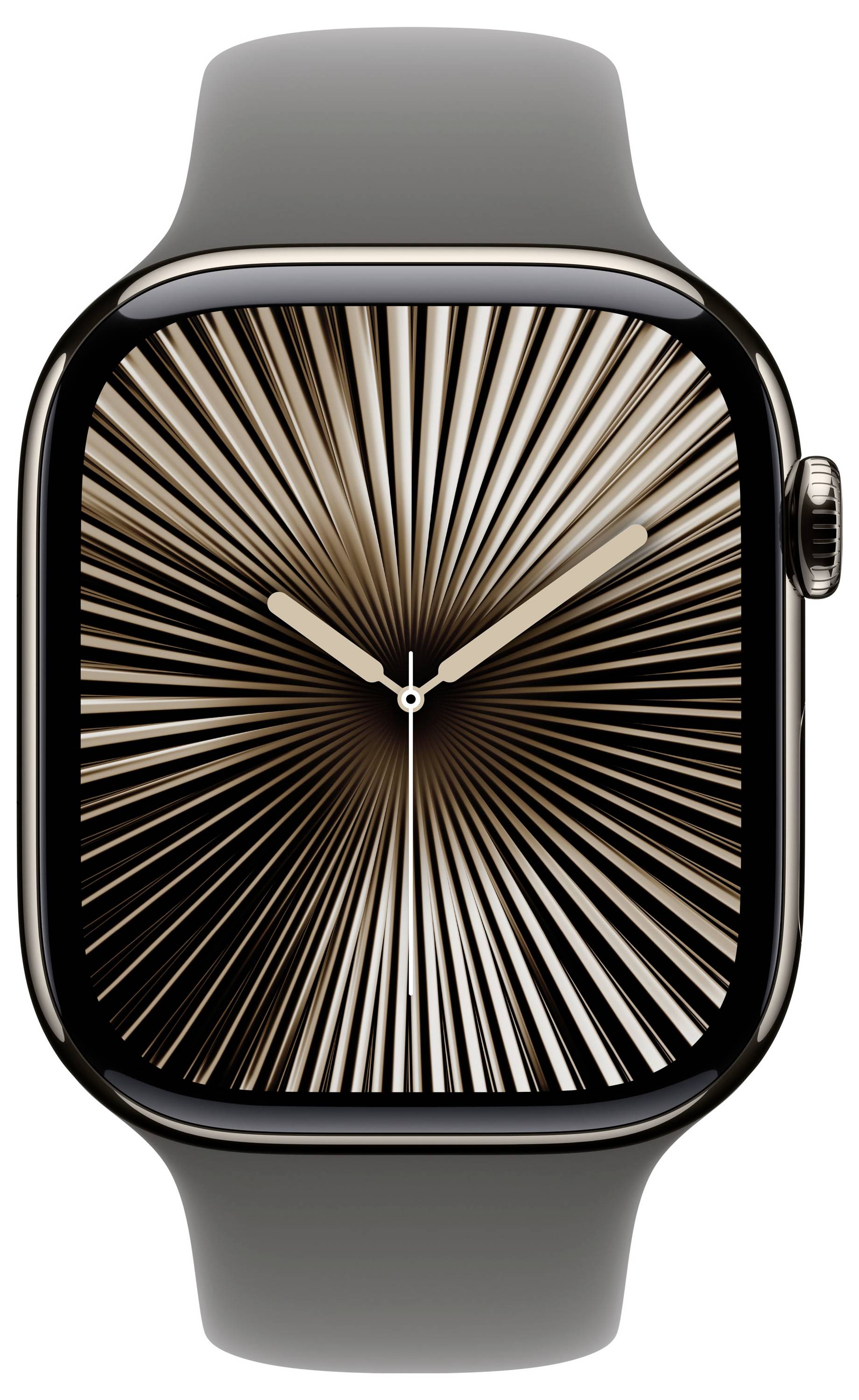 Eine Smartwatch mit einem radialen, konzentrischen Muster auf dem Zifferblatt. Sie hat ein schwarz-graues Armband.