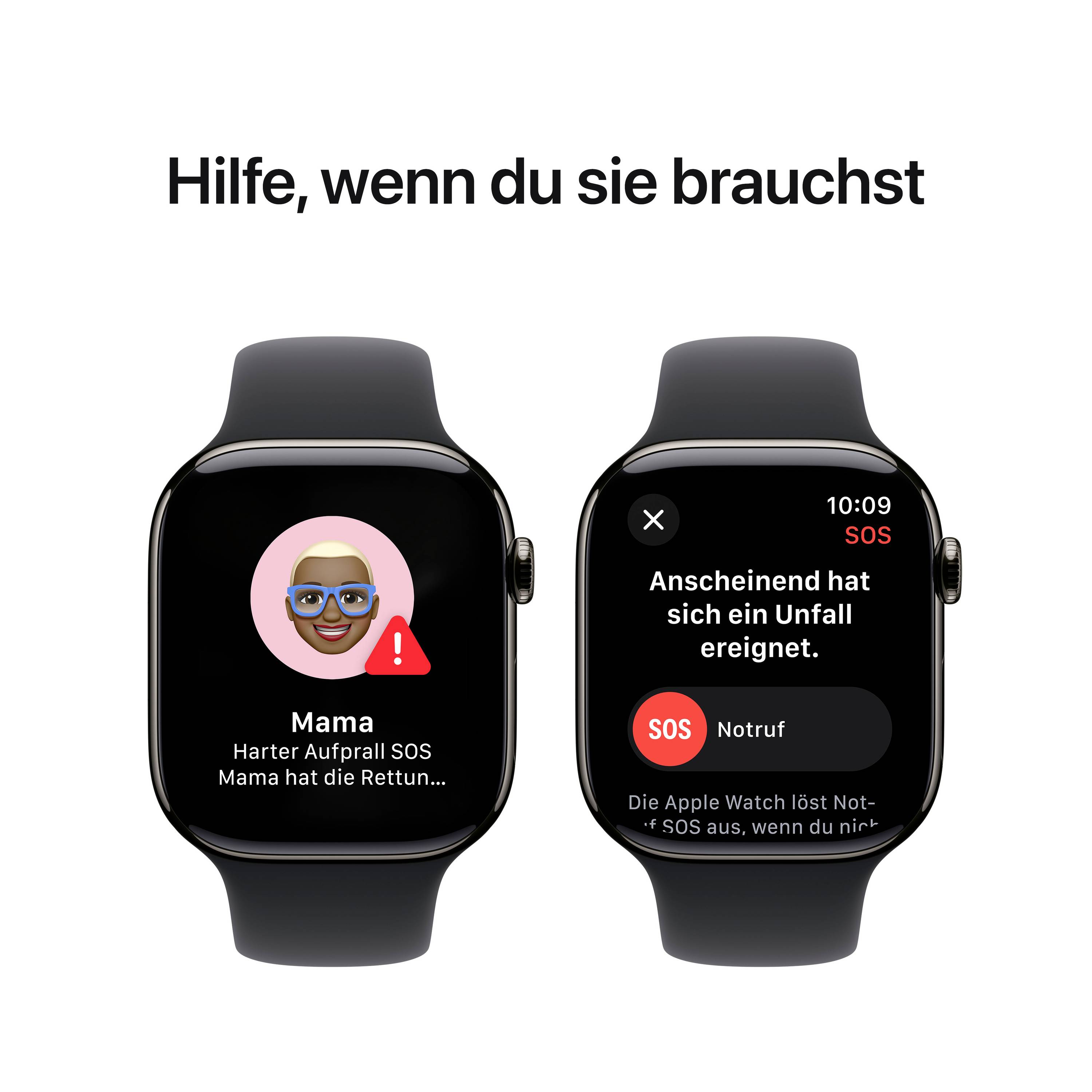Zwei Smartwatch-Displays. Links: 'Mama, Harter Aufprall SOS'. Rechts: Notruf-Bildschirm mit Text 'Anscheinend hat sich ein Unfall ereignet.'
