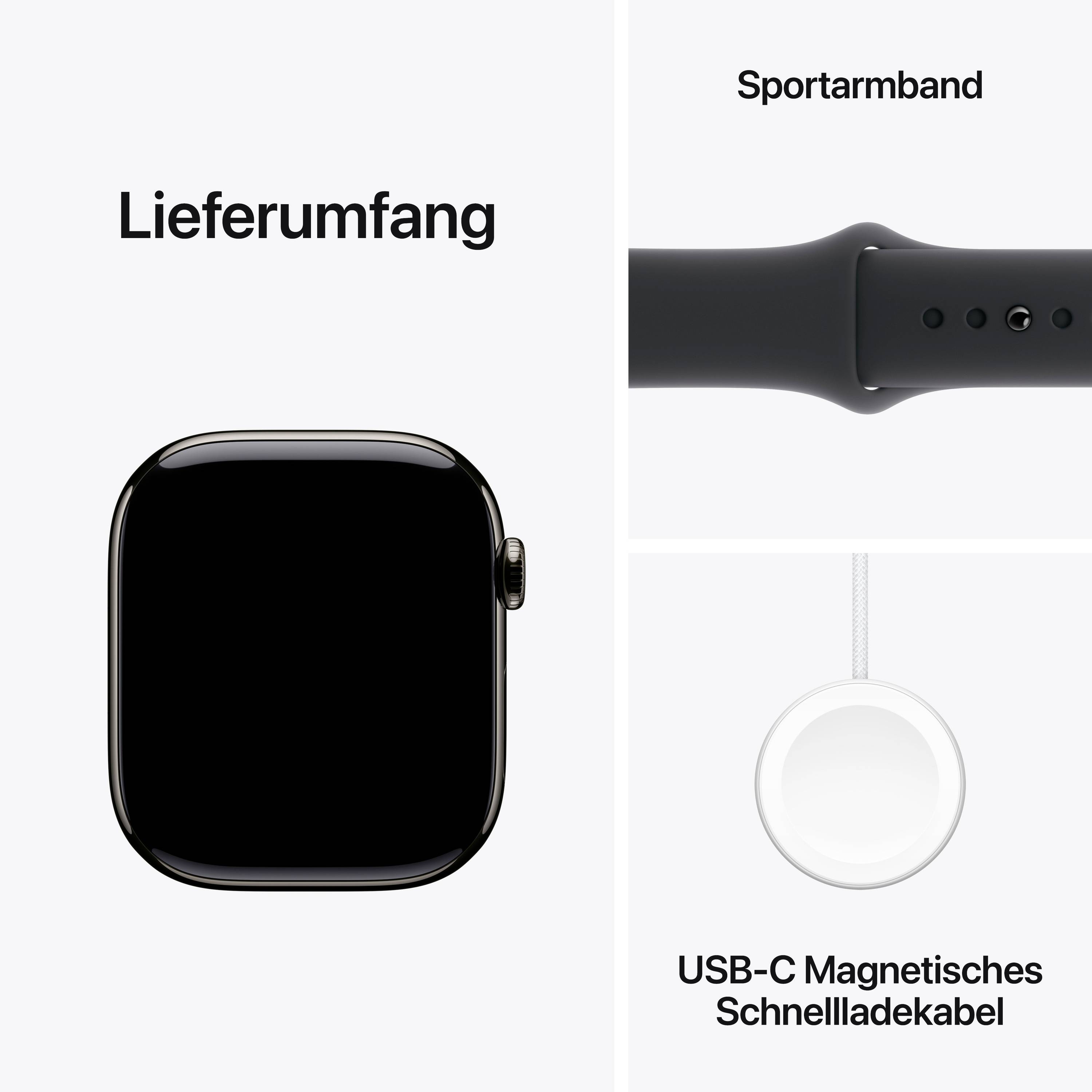 Lieferumfang einer Smartwatch: Abgebildet sind eine Smartwatch, ein Sportarmband und ein USB-C Magentisches Schnellladekabel.