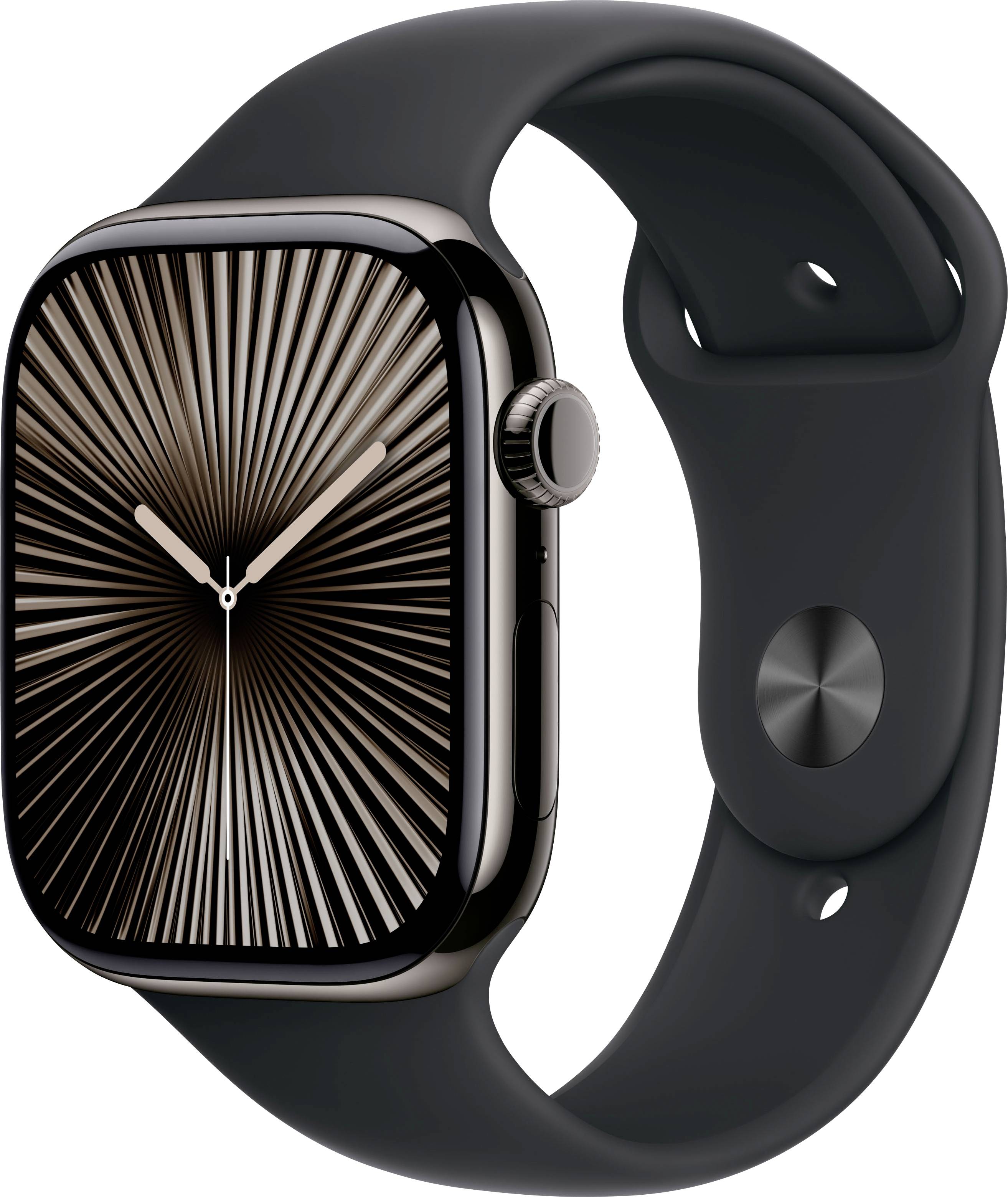 Eine schwarze Smartwatch mit einem modernen Ziffernblatt, das strahlenförmig designt ist. Die Uhr hat ein abgerundetes Display und ein schlichtes Armband.