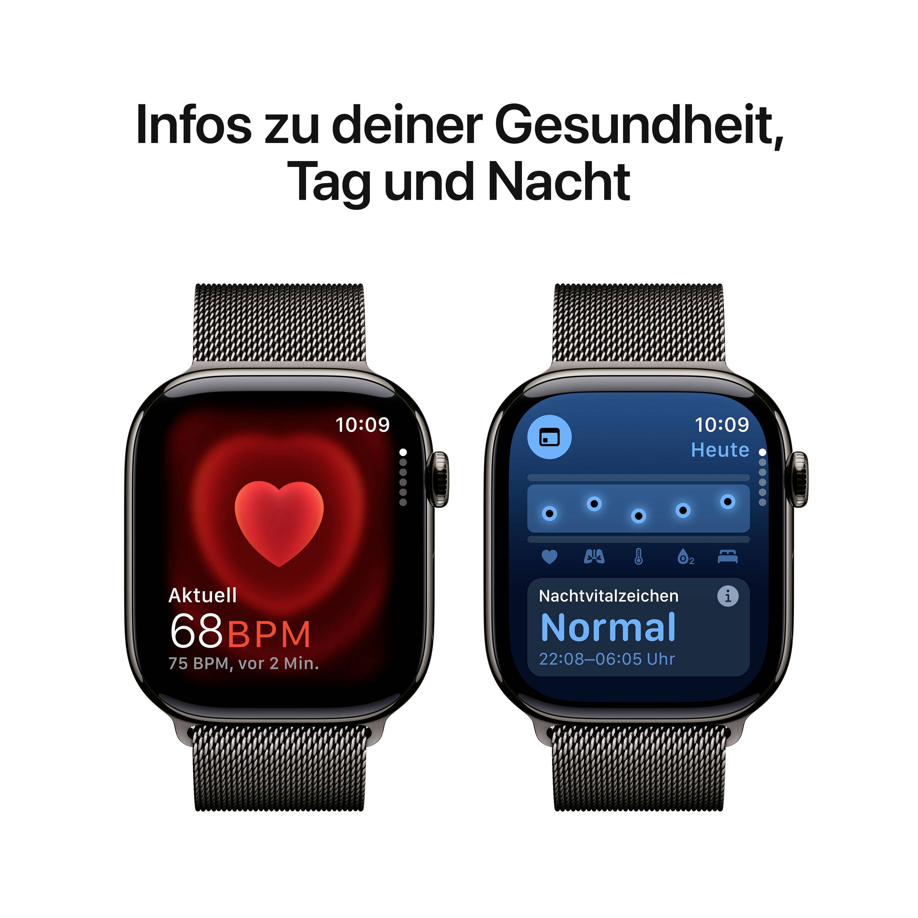 Eine Smartwatch mit Herzfrequenzanzeige (68 BPM) und Schlafüberwachung (‘Normal’, 22:08-06:58 Uhr) unter dem Slogan 'Infos zu deiner Gesundheit, Tag und Nacht'.