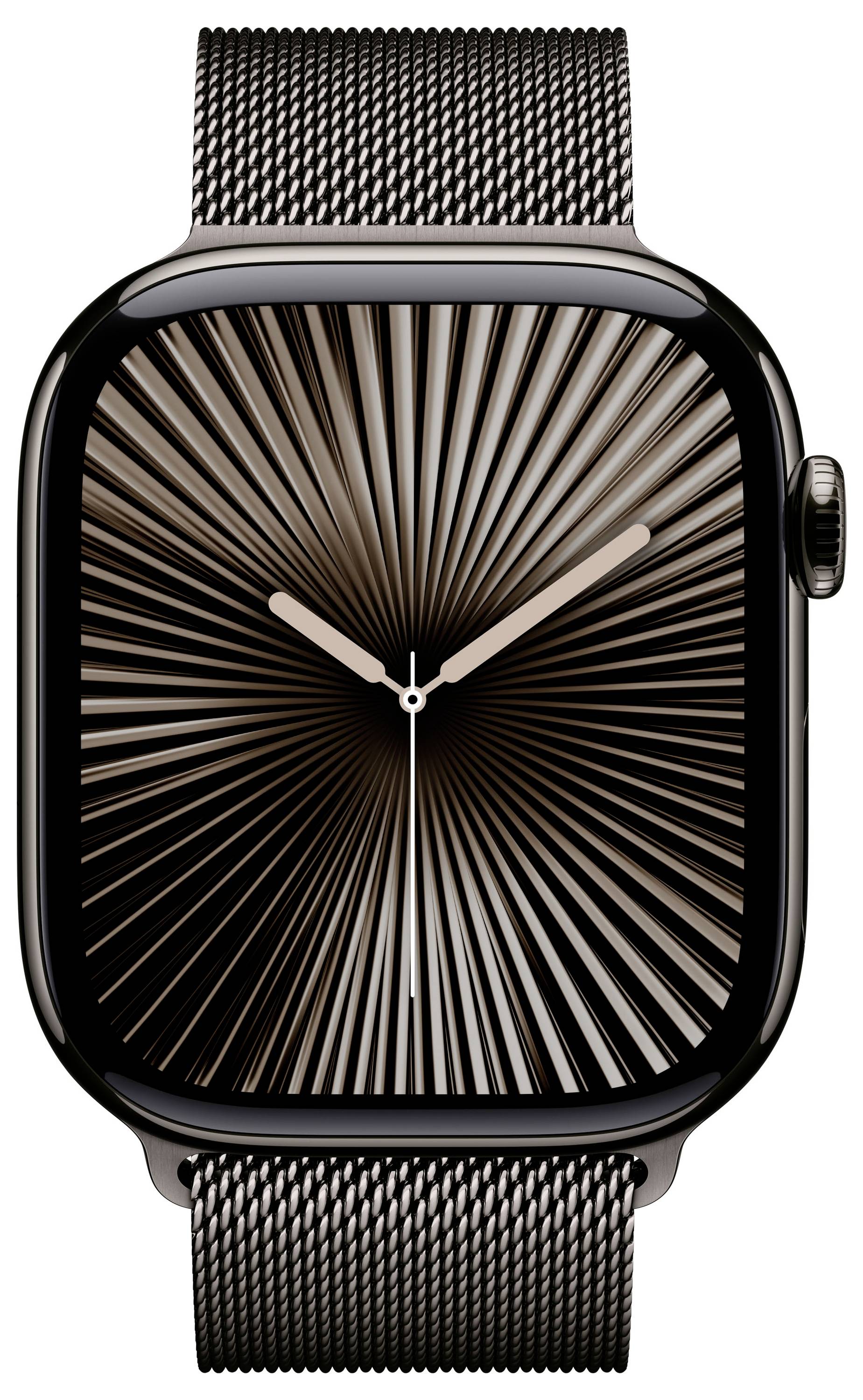 Smartwatch mit schwarzem Metallarmband und einem Zifferblatt, das ein strahlenförmiges Muster zeigt. Zeiger zeigen zwölf Uhr.