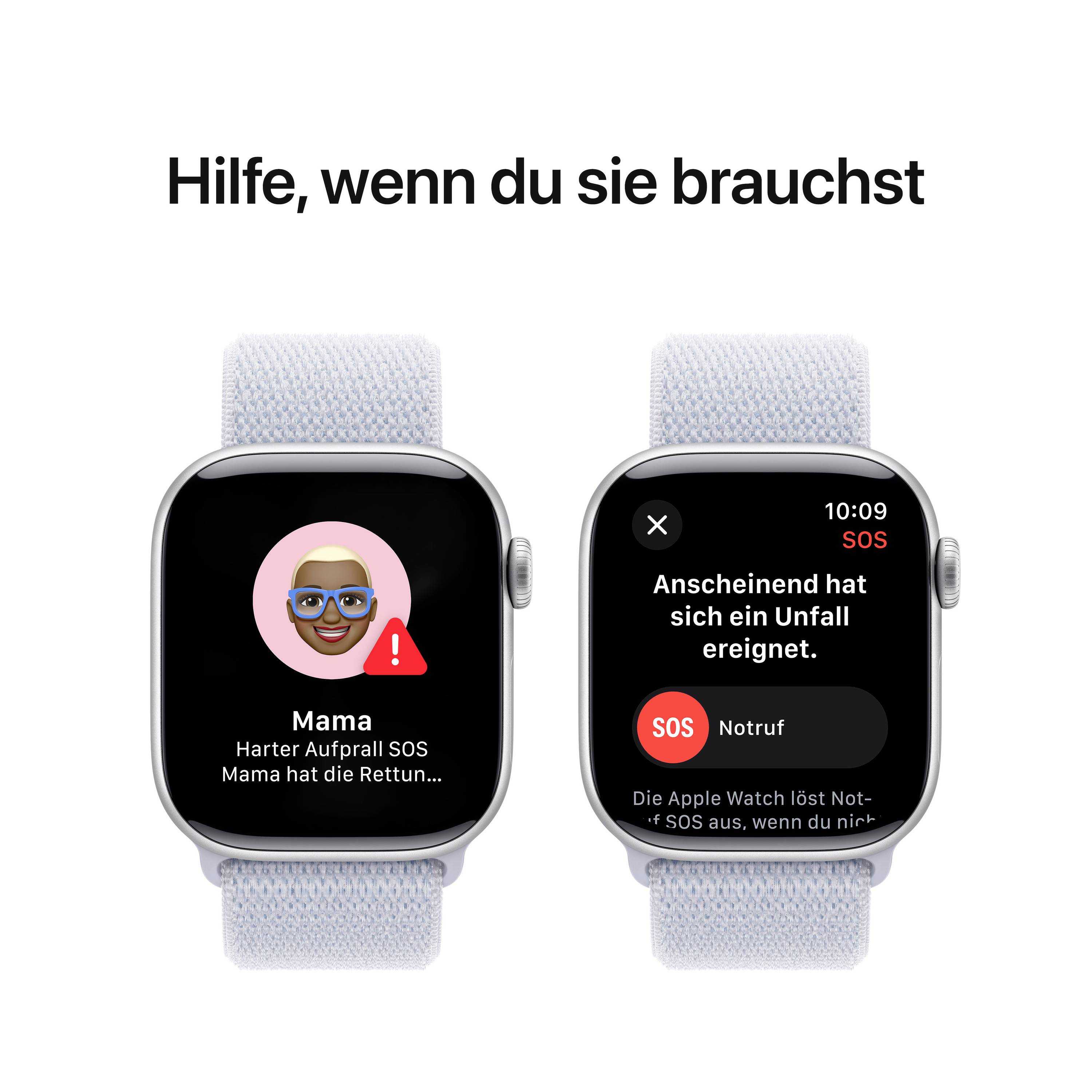 Zwei Smartwatch-Bildschirme: Links zeigt ein SOS-Notruf von 'Mama', rechts eine Nachricht, dass scheinbar ein Unfall passiert ist.