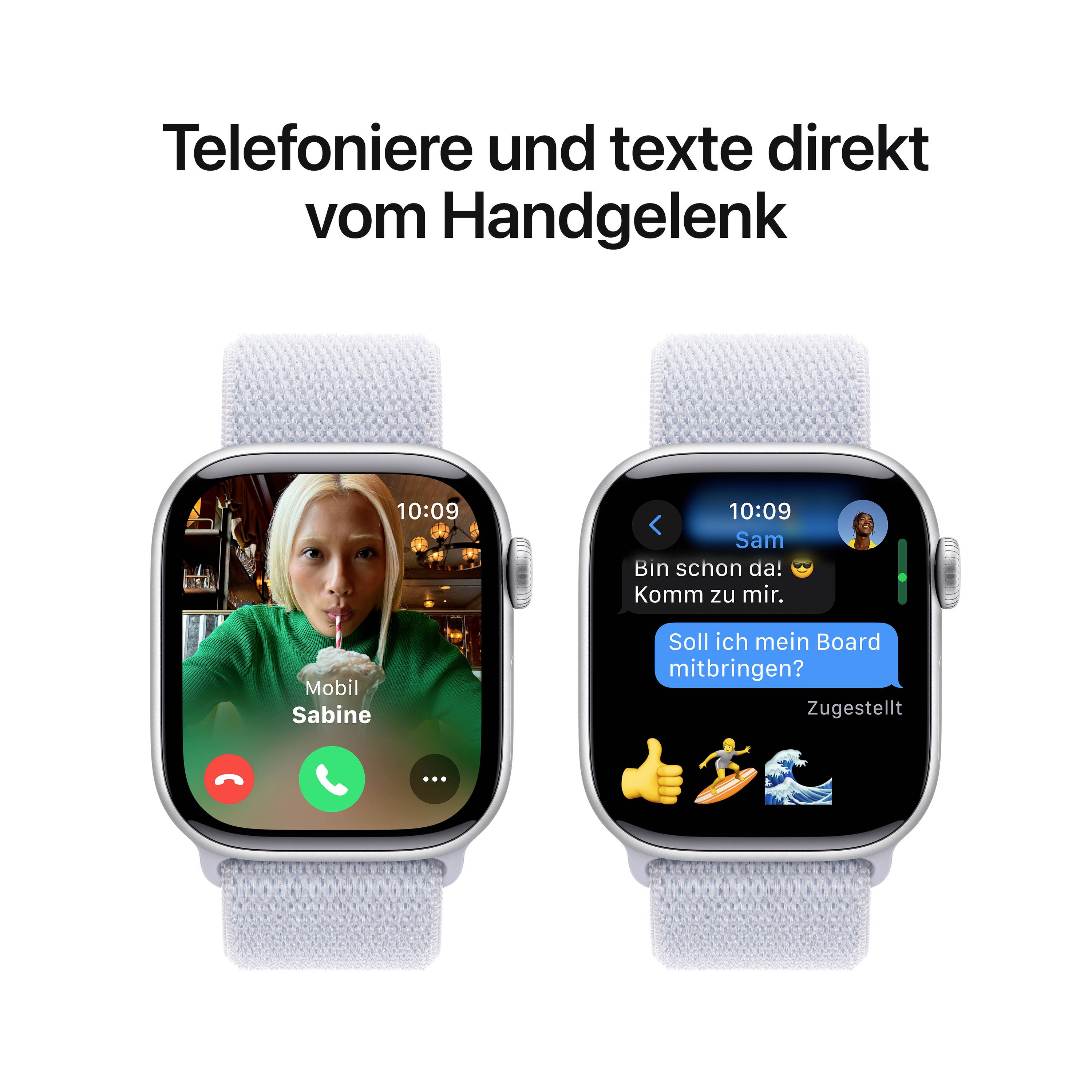 Zwei Smartwatches zeigen eine Videoanruf-Schnittstelle links und eine Textnachricht-Konversation rechts. Text: 'Telefonieren und texte direkt vom Handgelenk'.