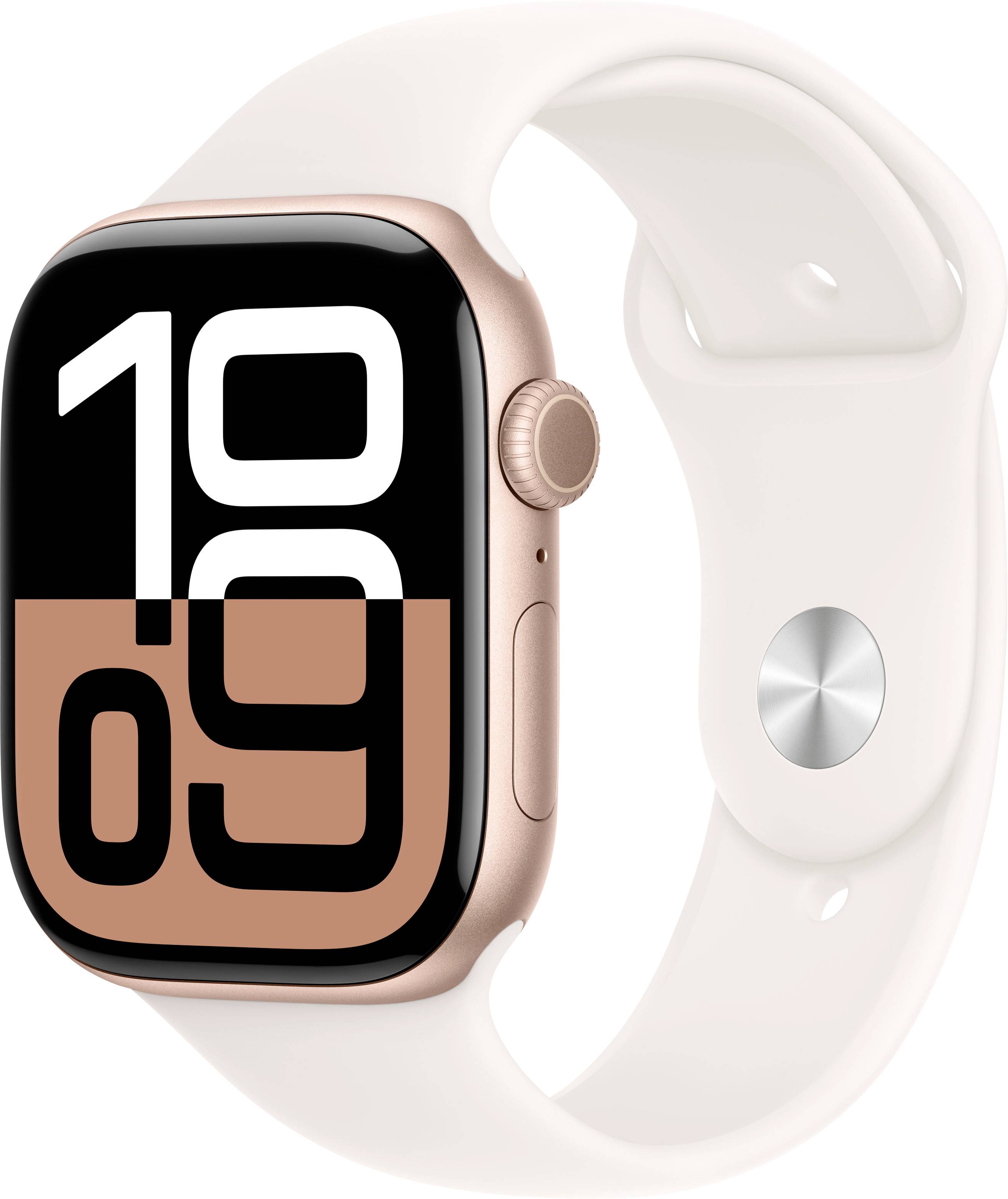 Eine Smartwatch mit rundem Zifferblatt, roségoldenem Gehäuse und weißem Armband zeigt die Uhrzeit '10:09' in großen Ziffern an.
