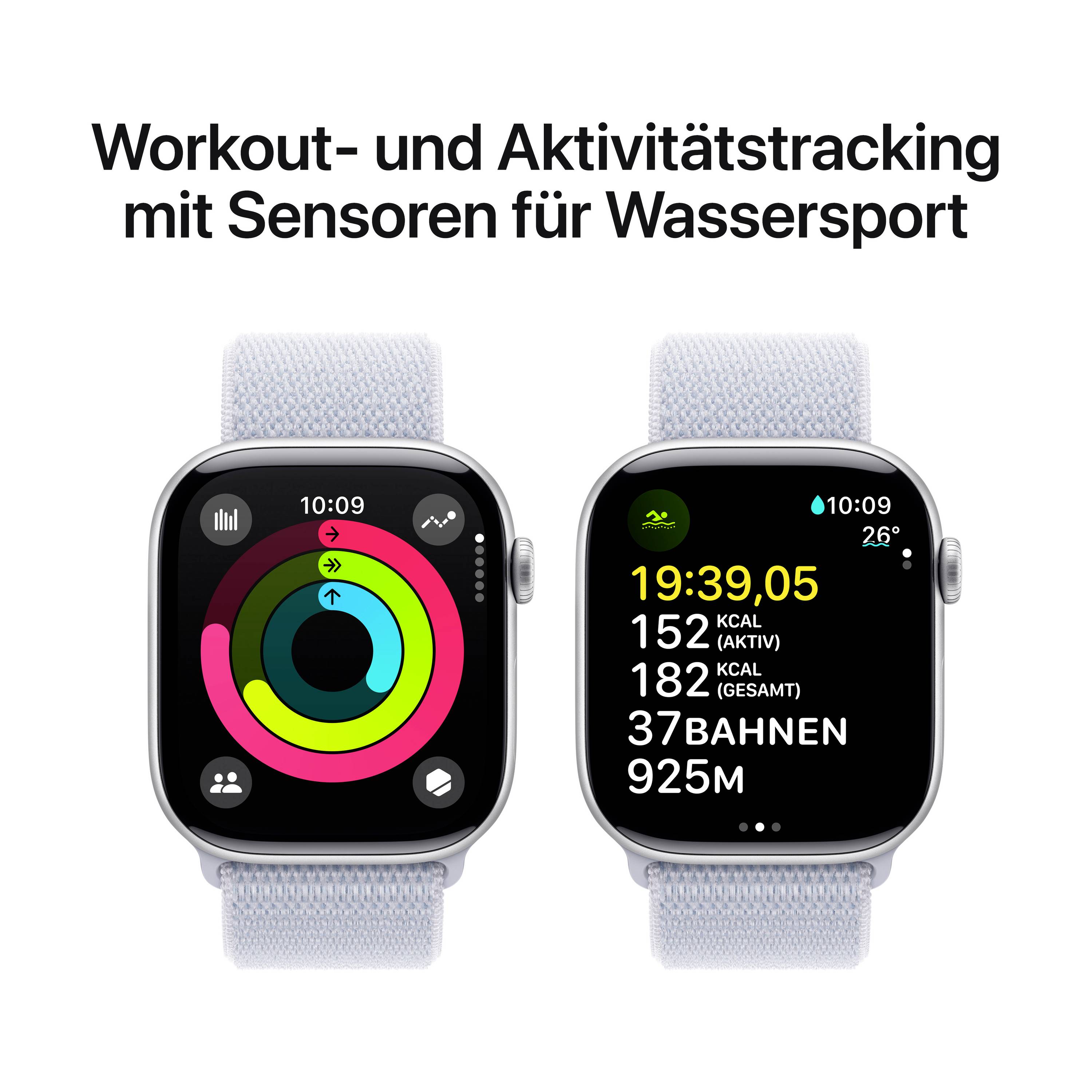 Zwei Smartwatch-Bildschirme zeigen Fitnessstatistiken. Links: Aktivitätsringe. Rechts: Wassersportdaten mit Zeit, Kalorien, Bahnen.