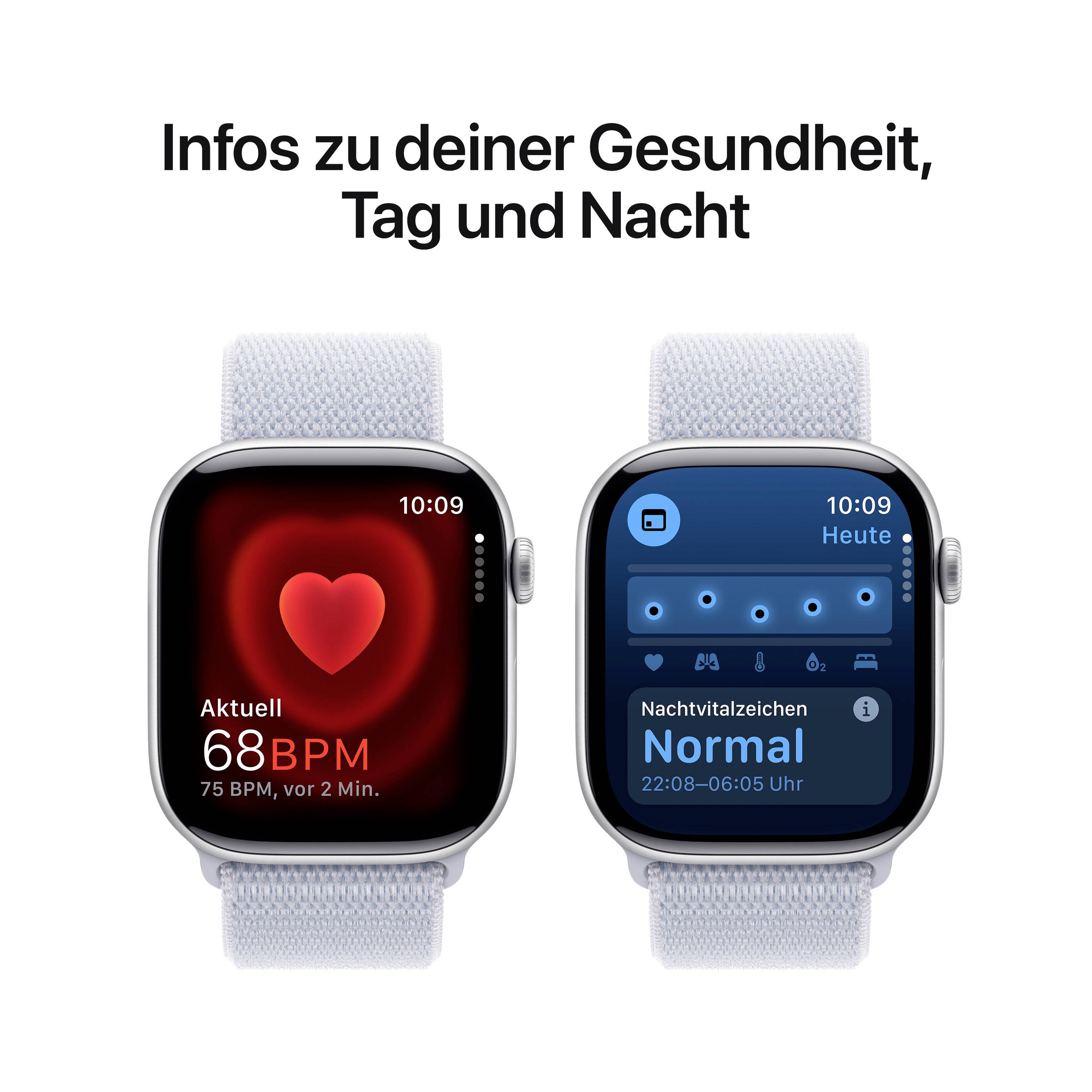 Zwei Smartwatches: Links zeigt 68 BPM mit rotem Herzsymbol; rechts zeigt Normal bei Nachtvitalzeichen. Text oben: 'Infos zu deiner Gesundheit, Tag und Nacht'.