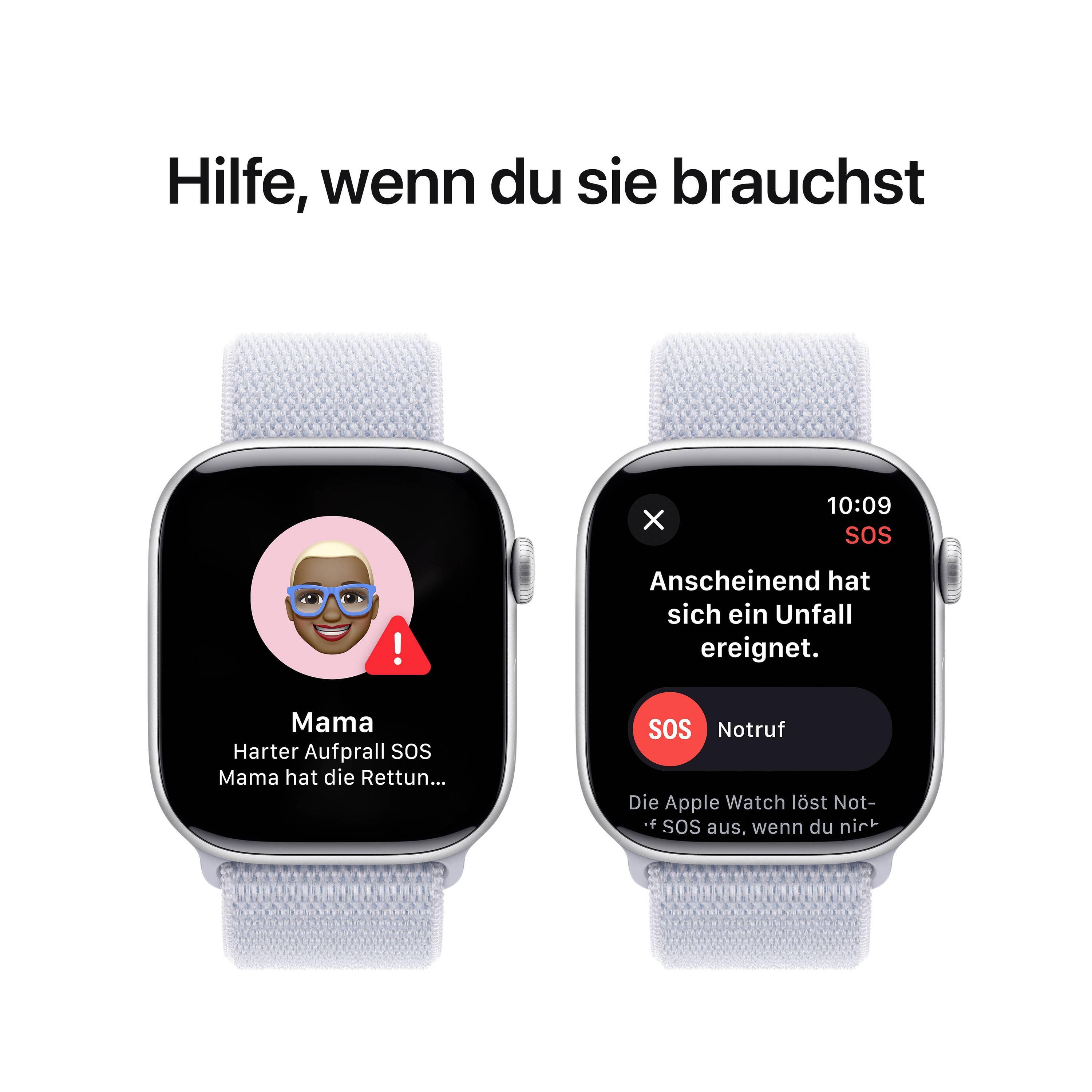 Zwei Smartwatches zeigen SOS-Benachrichtigungen: Links – 'Mama: Harter Aufprall SOS'; Rechts – Nachricht, dass ein Unfall passiert ist.
