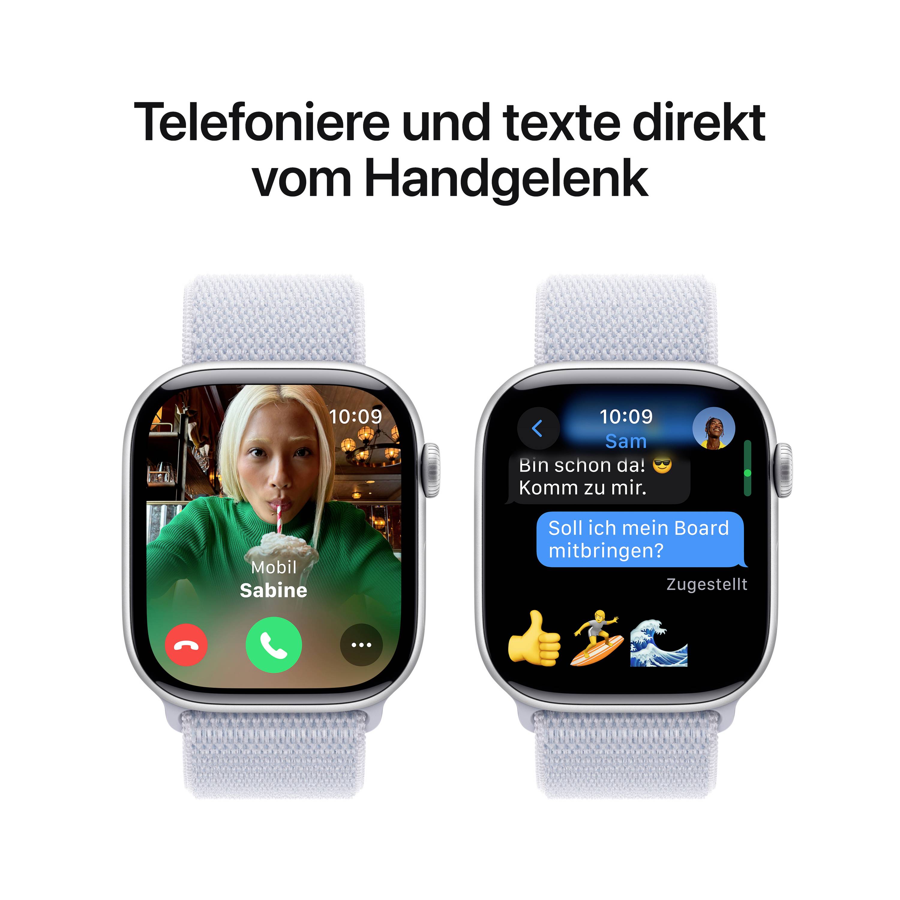 Zwei Smartwatches mit blauem Armband; links: eingehender Videoanruf; rechts: Textnachricht-Chat angezeigt. Text oben: 'Telefonieren und texte direkt vom Handgelenk'.