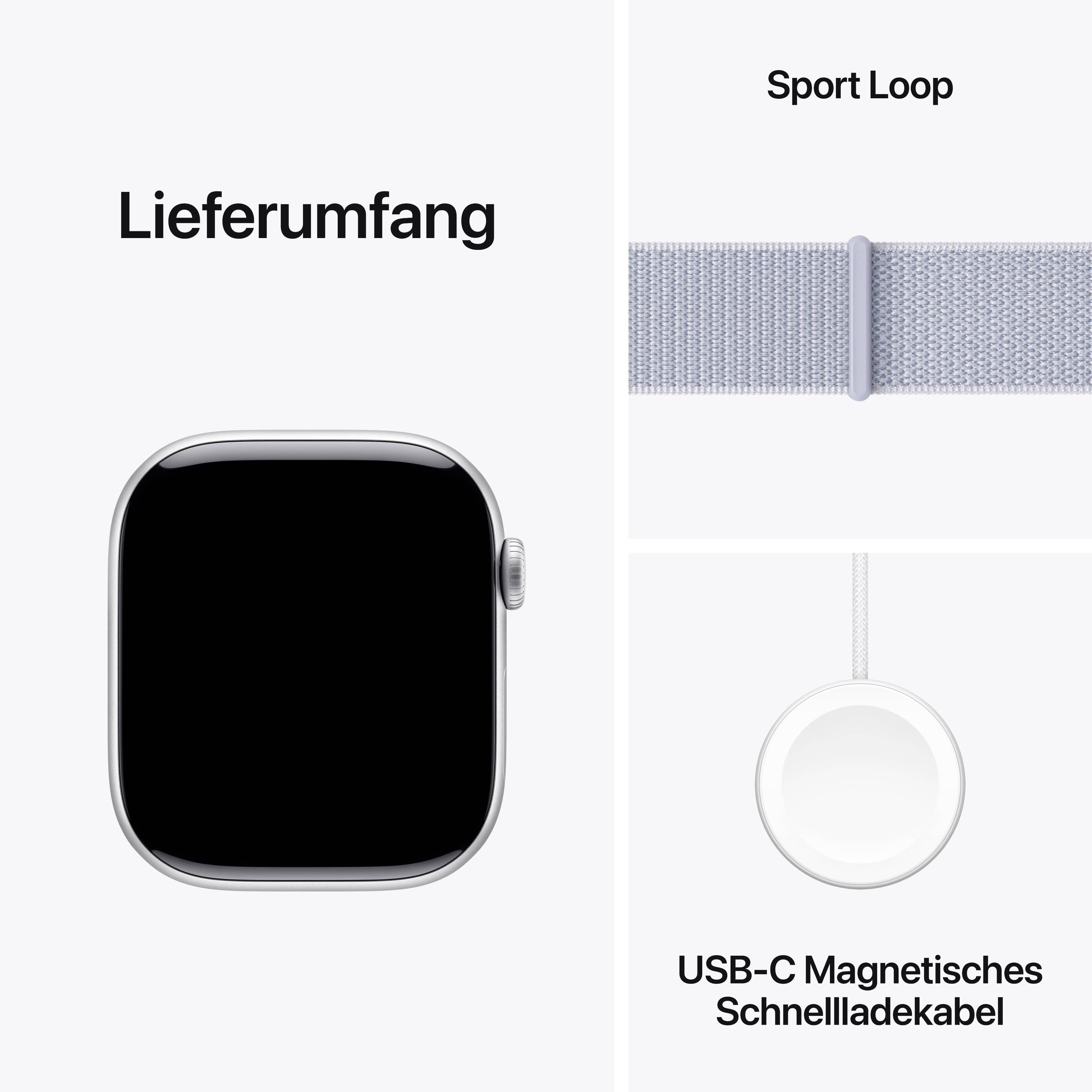 Lieferumfang eines Smartwatches: Sport Loop Armband, USB-C magnetisches Schnellladekabel.