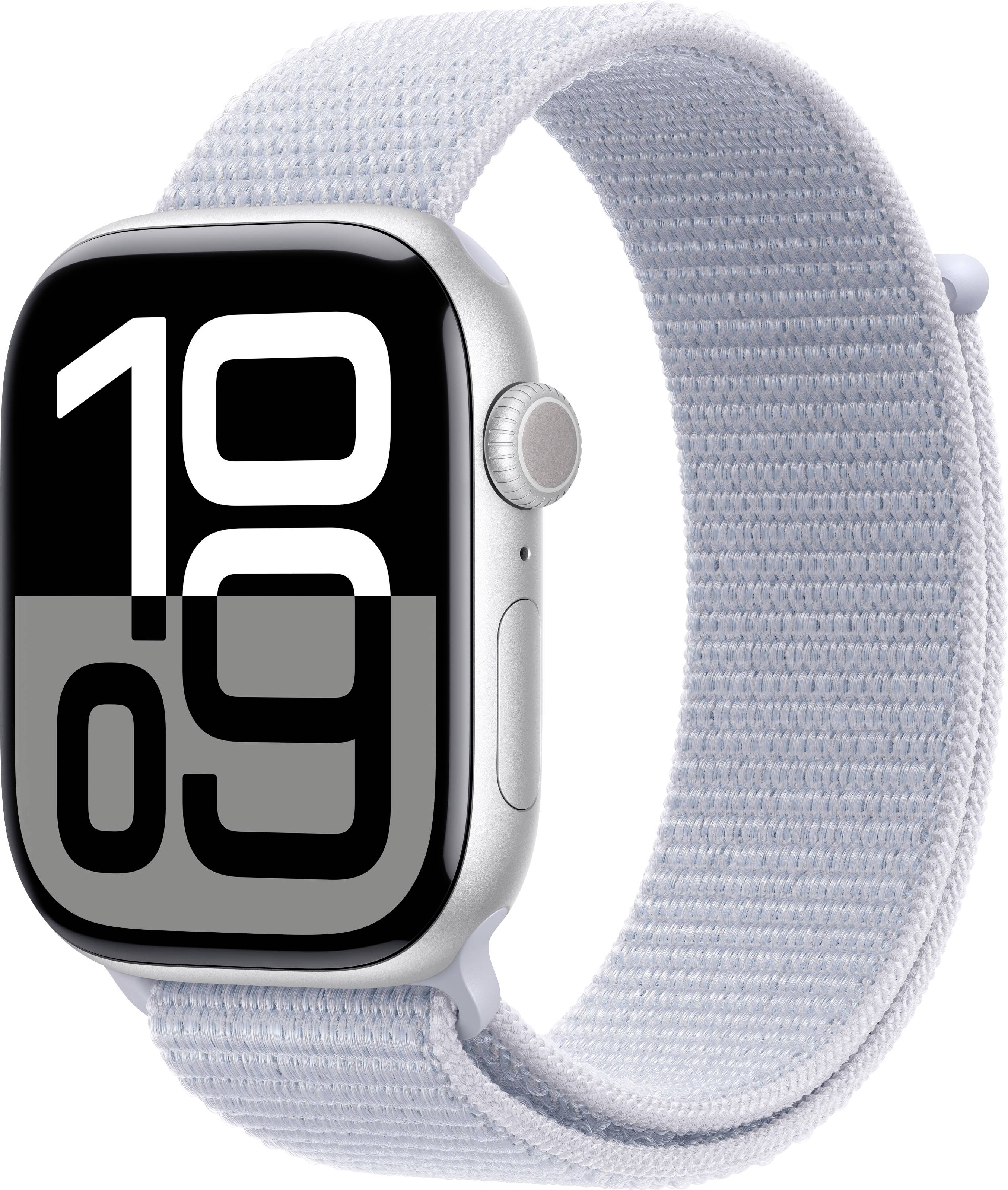 Eine Smartwatch mit großem digitalem Ziffernblatt zeigt '10:09' an. Sie hat ein silbernes Gehäuse und ein hellblaues Stoffarmband.