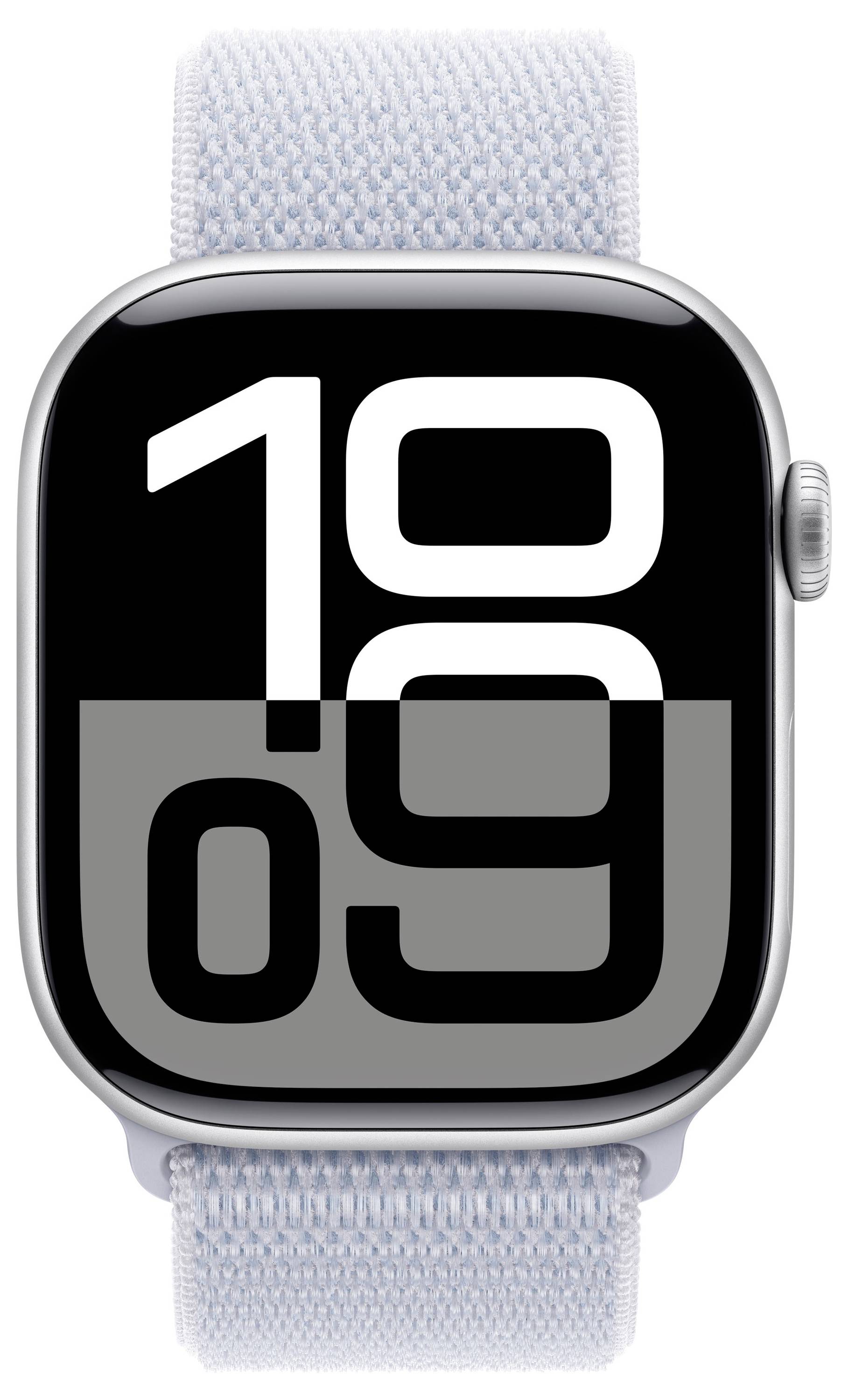 Eine digitale Armbanduhr mit Display zeigt '10:09'. Sie hat ein hellblaues Stoffarmband und ein silbernes Gehäuse.