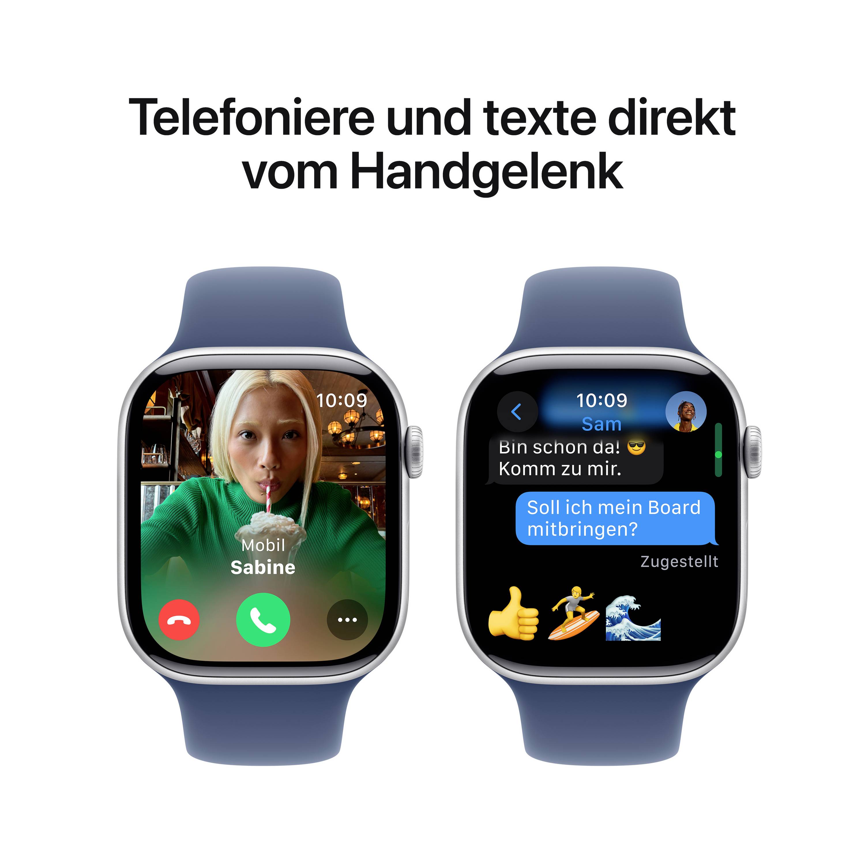 Zwei Smartwatches; links ein Videoanruf, rechts Textnachrichtenanzeige 'Bin schon da! Soll ich mein Board mitbringen?'.