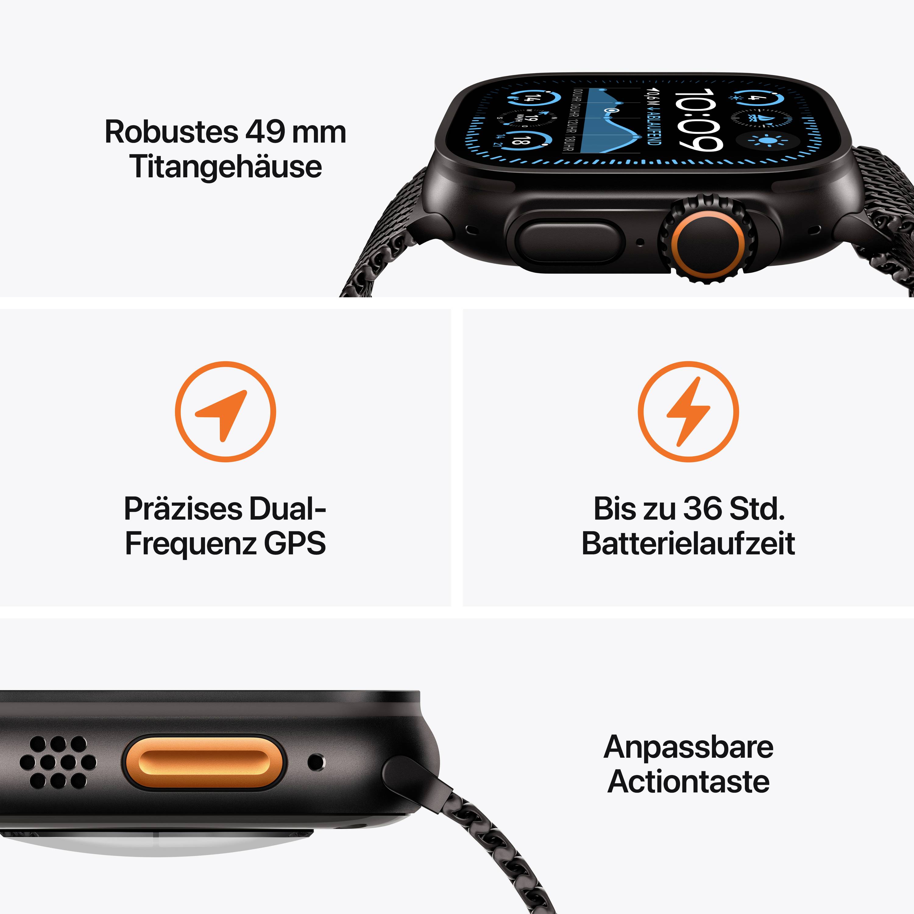 'Robustes 49 mm Titangehäuse'. 'Präzises GPS'. 'Batterielaufzeit bis zu 36 Std.'. 'Anpassbare Aktionstaste'. Armbanduhr Detailansichten.