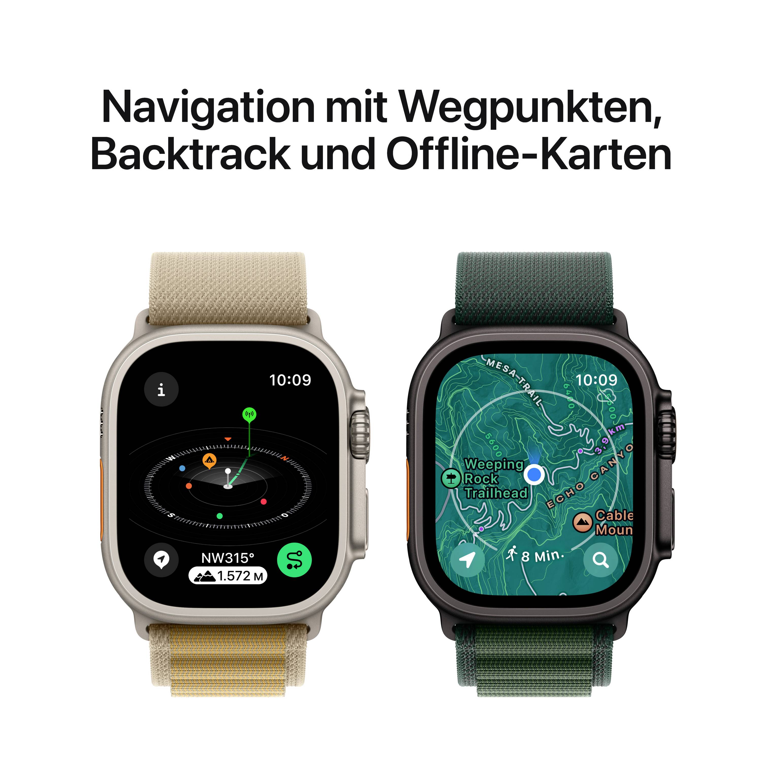 Zwei Smartwatch-Displays zeigen Navigationsfunktionen: links Wegpunkte, rechts eine Karte mit Route. Text: 'Navigation mit Wegpunkten, Backtrack und Offline-Karten'.
