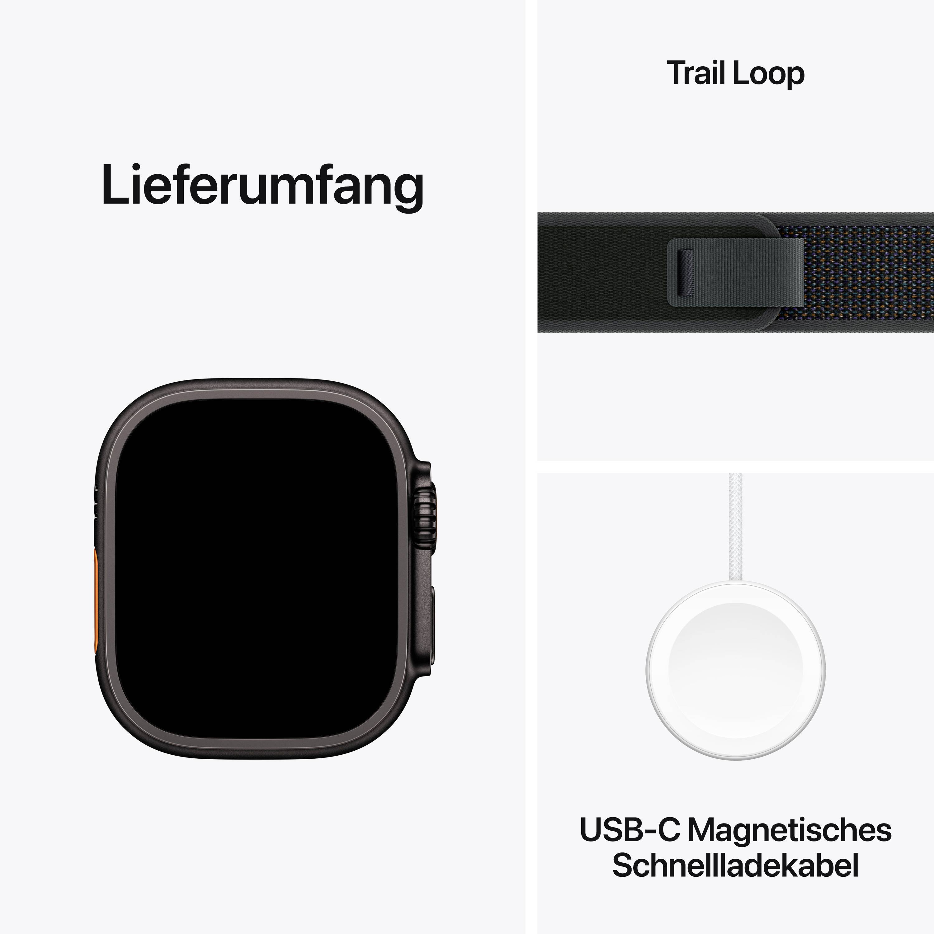 Die Abbildung zeigt drei Objekte: eine Armbanduhr, ein Trail Loop-Armband und ein USB-C Magnetkabel.