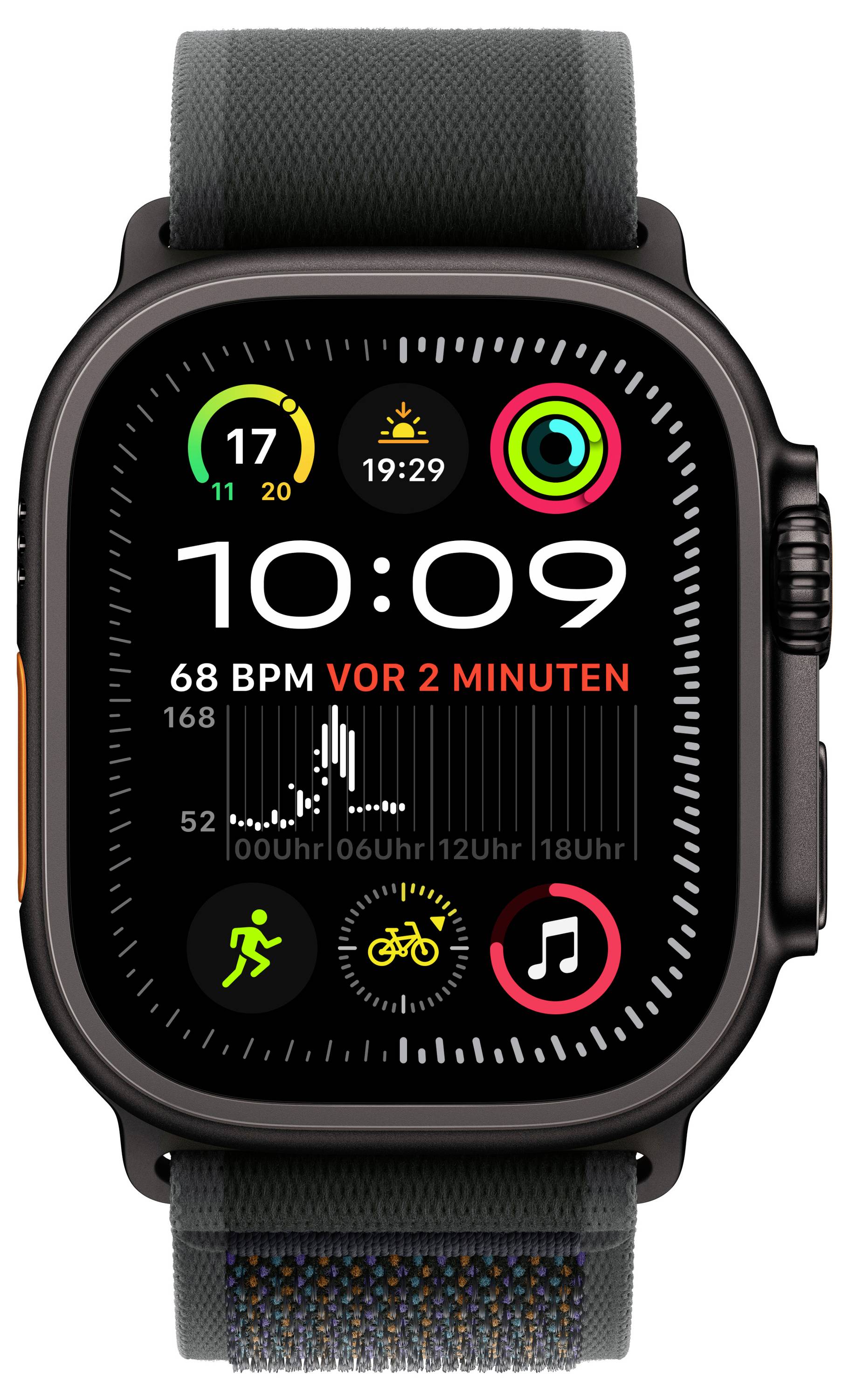 Eine Smartwatch zeigt 10:09 Uhr, 68 BPM Herzfrequenz, Wetter, Aktivitätsringe, und Symbole für Training, Radfahren und Musiksteuerung.