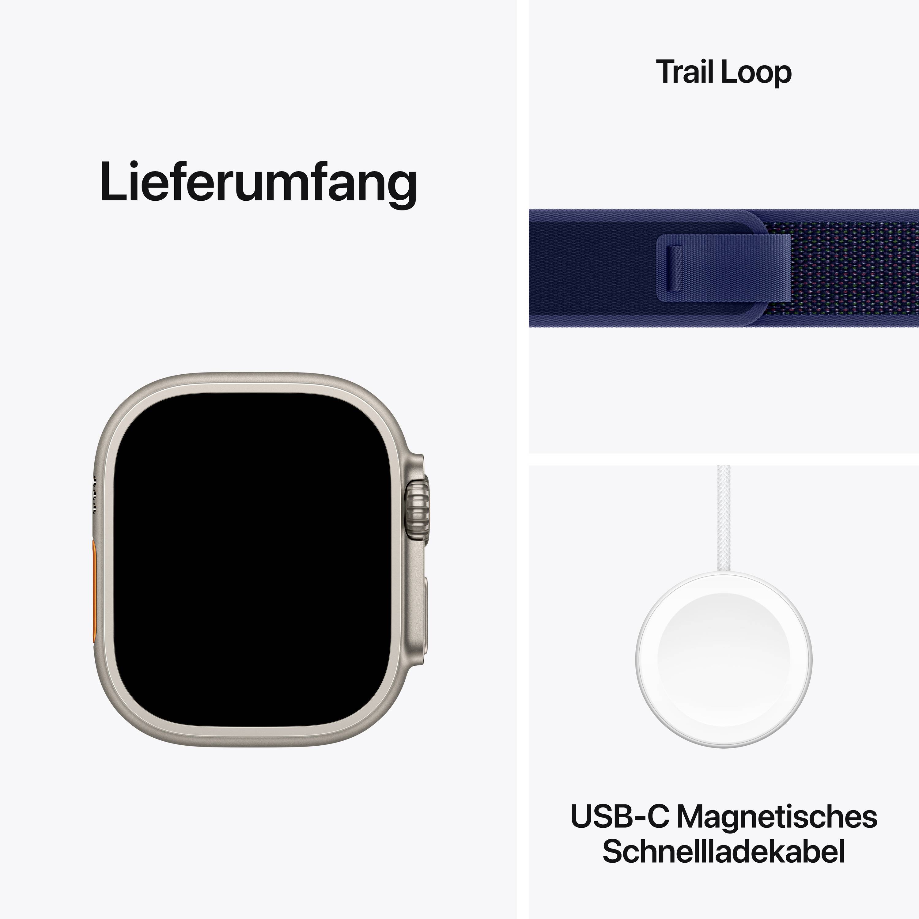 Lieferumfang der Smartwatch: Trail Loop, USB-C Magnetisches Schnellladekabel.