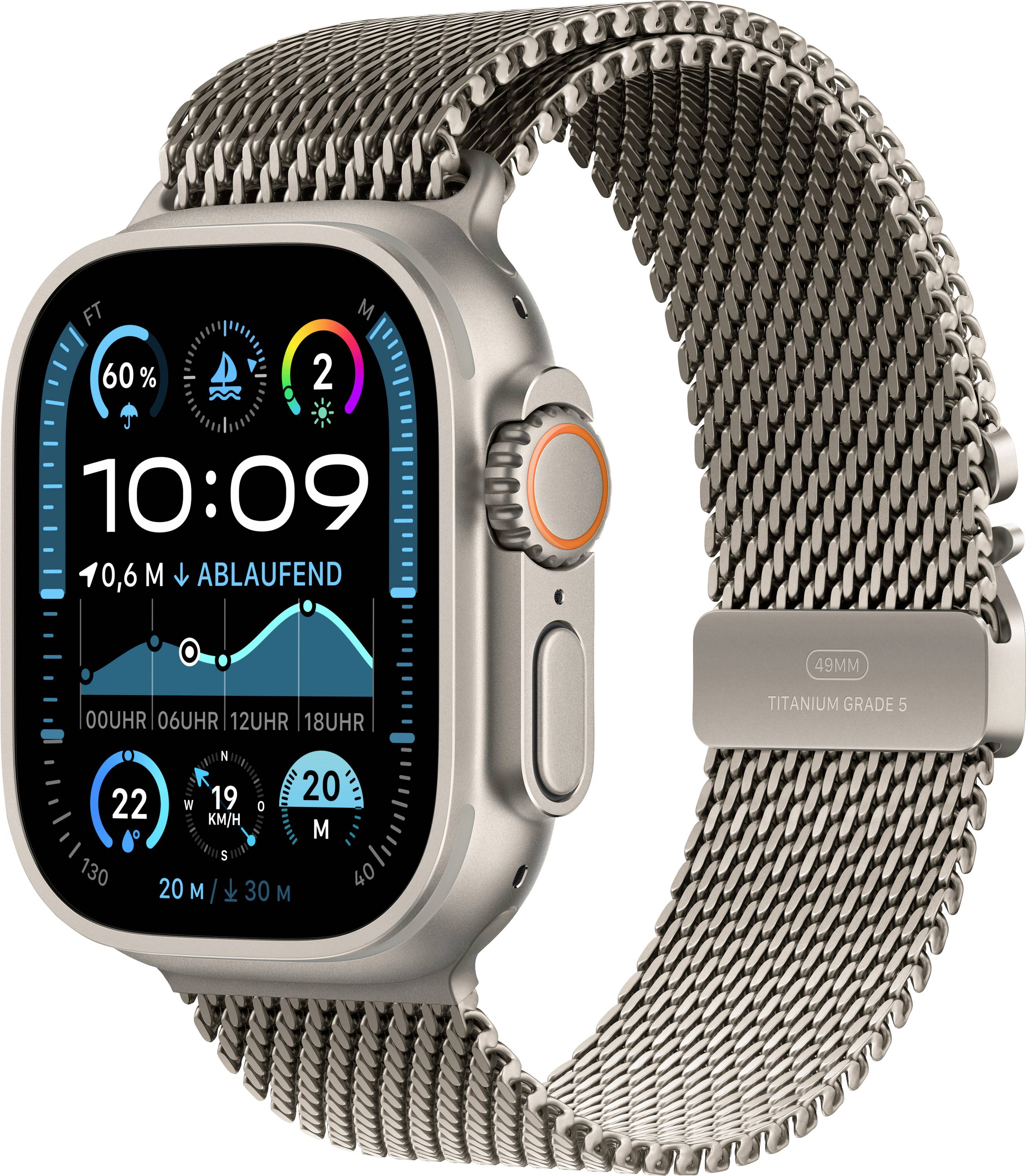 Eine Smartwatch mit rundem silbernem Gehäuse und digitalem Zifferblatt. Zeigt verschiedene Fitnessdaten und die Uhrzeit 