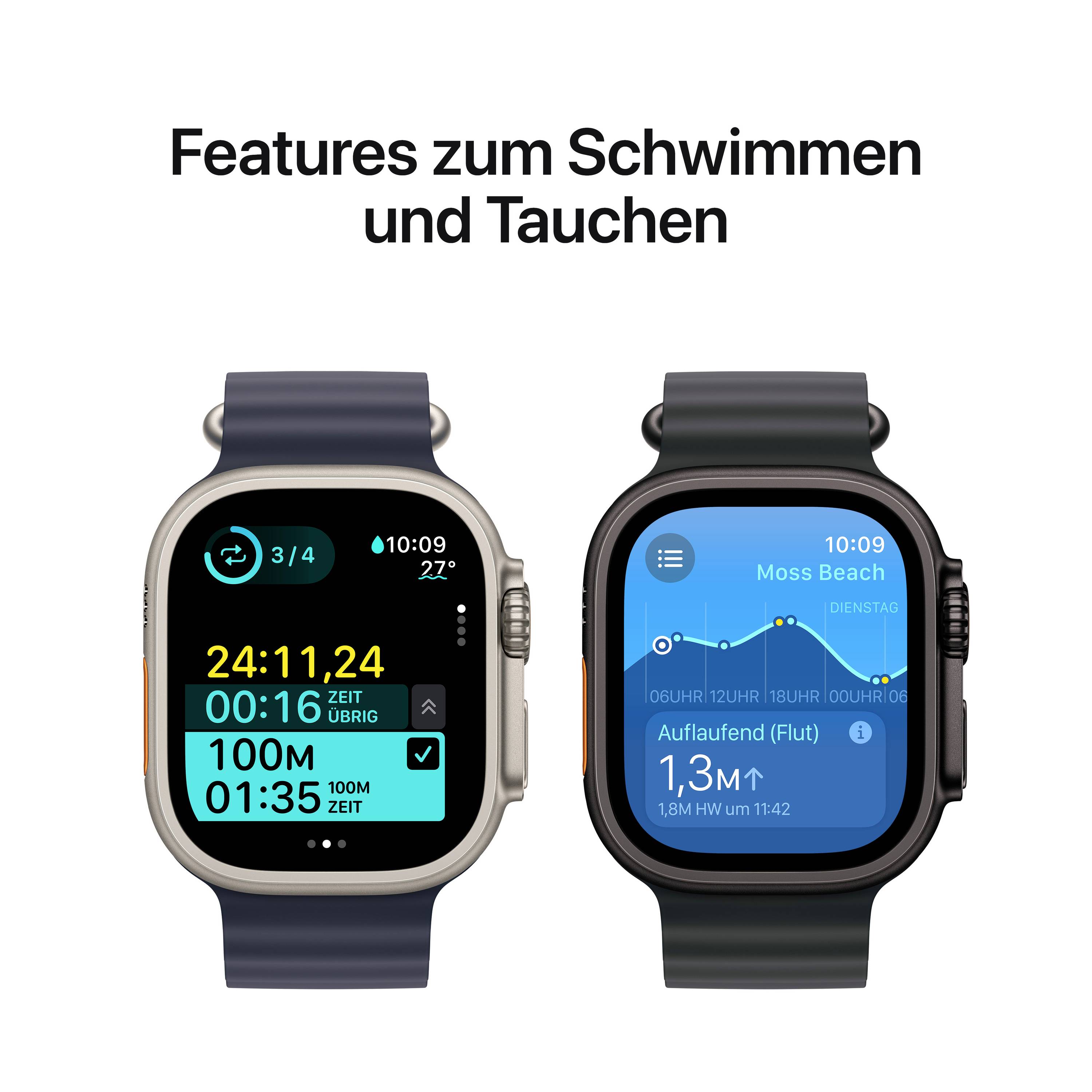 Zwei Smartwatch-Bildschirme zeigen Schwimm- und Tauchfunktionen. Links: Schwimmstatistiken. Rechts: Tauchinformation mit Tiefe.