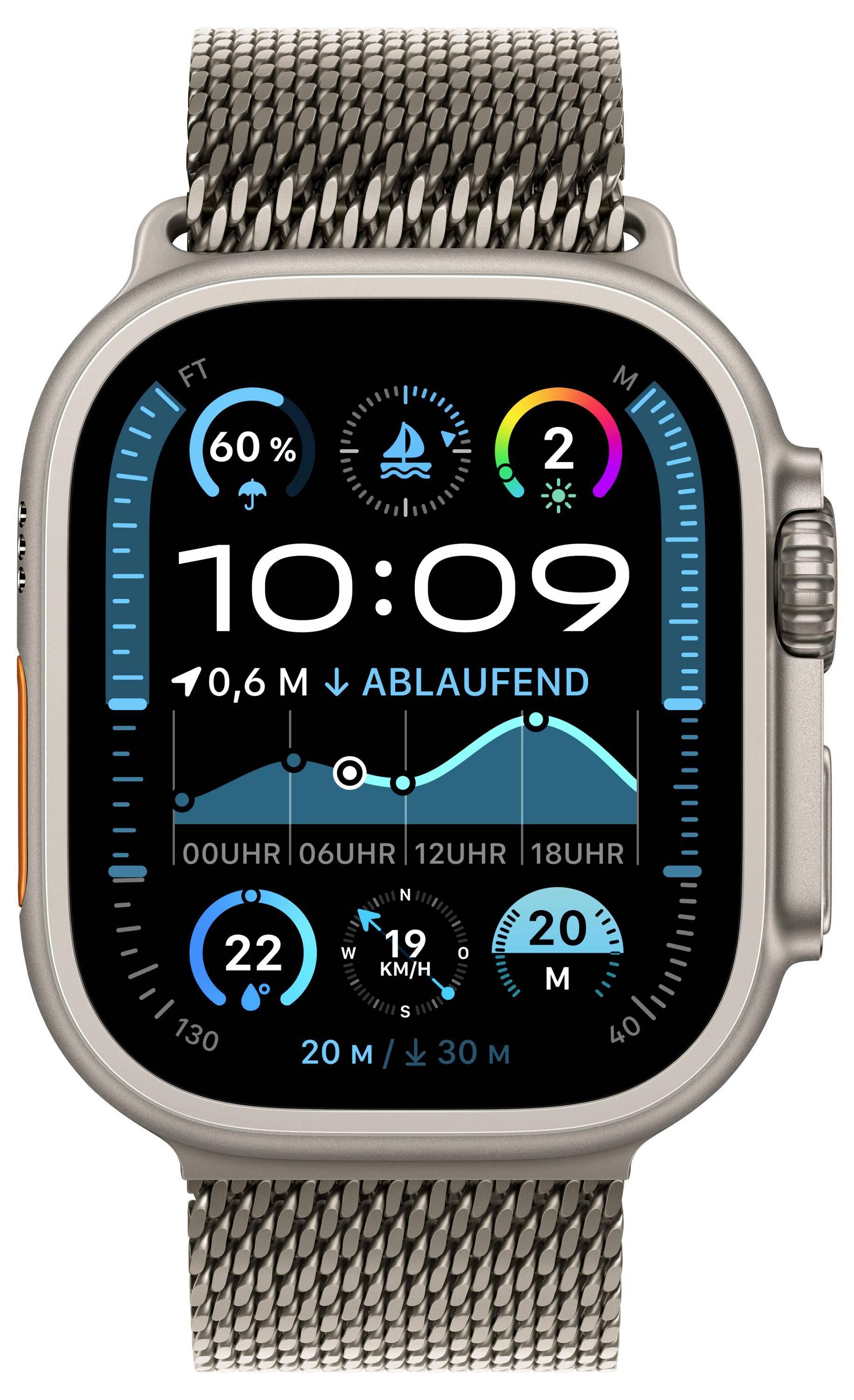 Smartwatch zeigt Uhrzeit '10:09', diverse Aktivitätsdaten wie Countdown, Höhenmeter und Geschwindigkeit auf dem Display an.