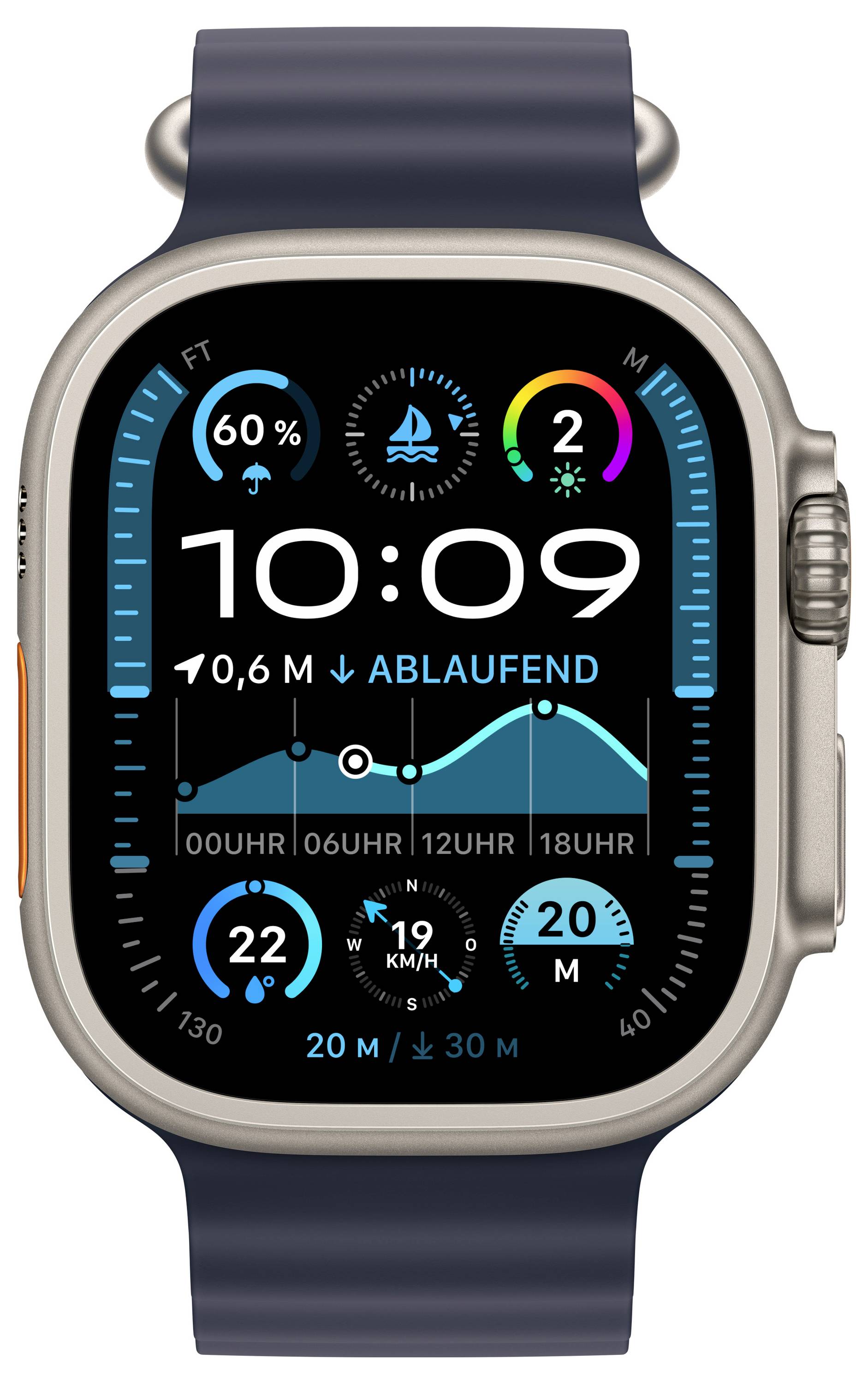 Eine Smartwatch zeigt Zeit, Sonnenstand, Temperatur, Mondphasen und Gezeitengraf. Der Bildschirm hat blaue und weiße Elemente.