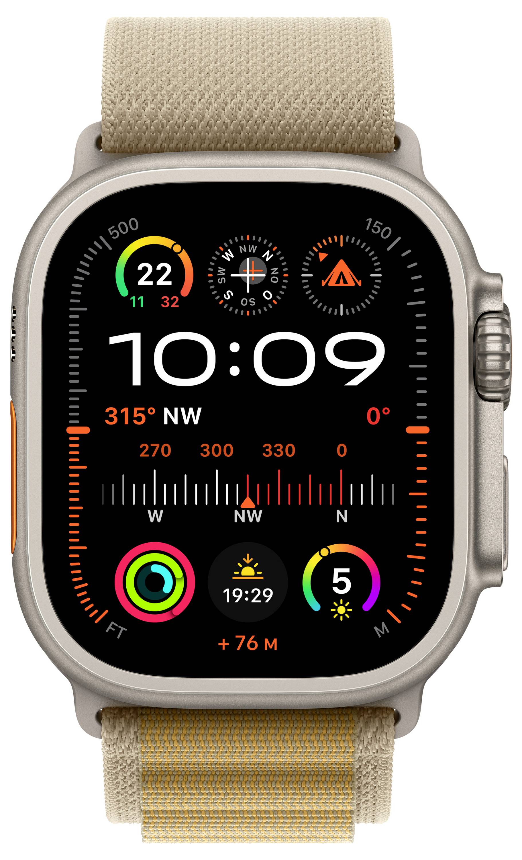 Eine Smartwatch mit farbigem Display zeigt die Uhrzeit 10:09, den Kompass mit 315° NW, Fitnessdaten und leuchtende Icons an.