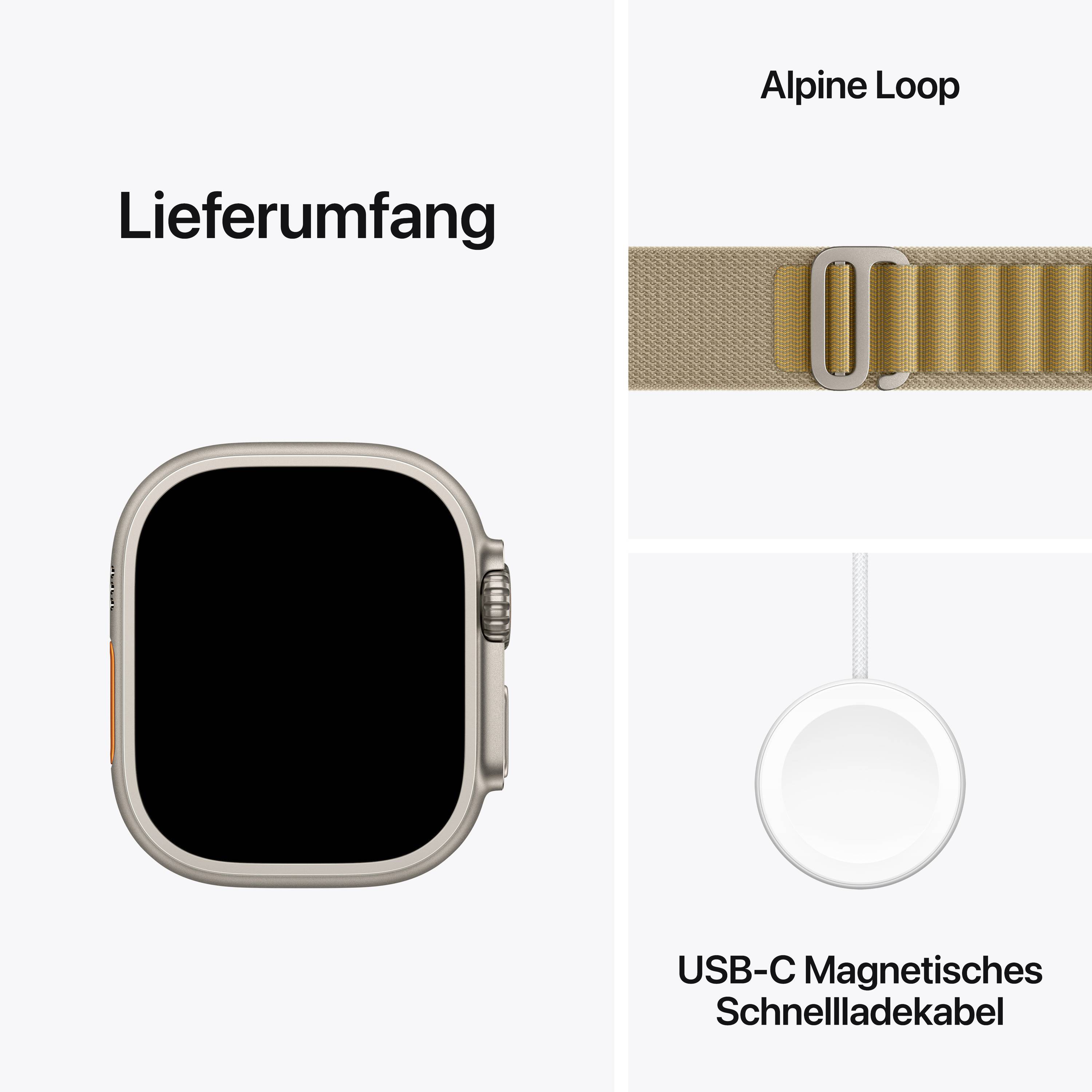 Im Lieferumfang enthalten: Eine Smartwatch, ein braunes Alpine Loop-Armband und ein USB-C Magnetladekabel.