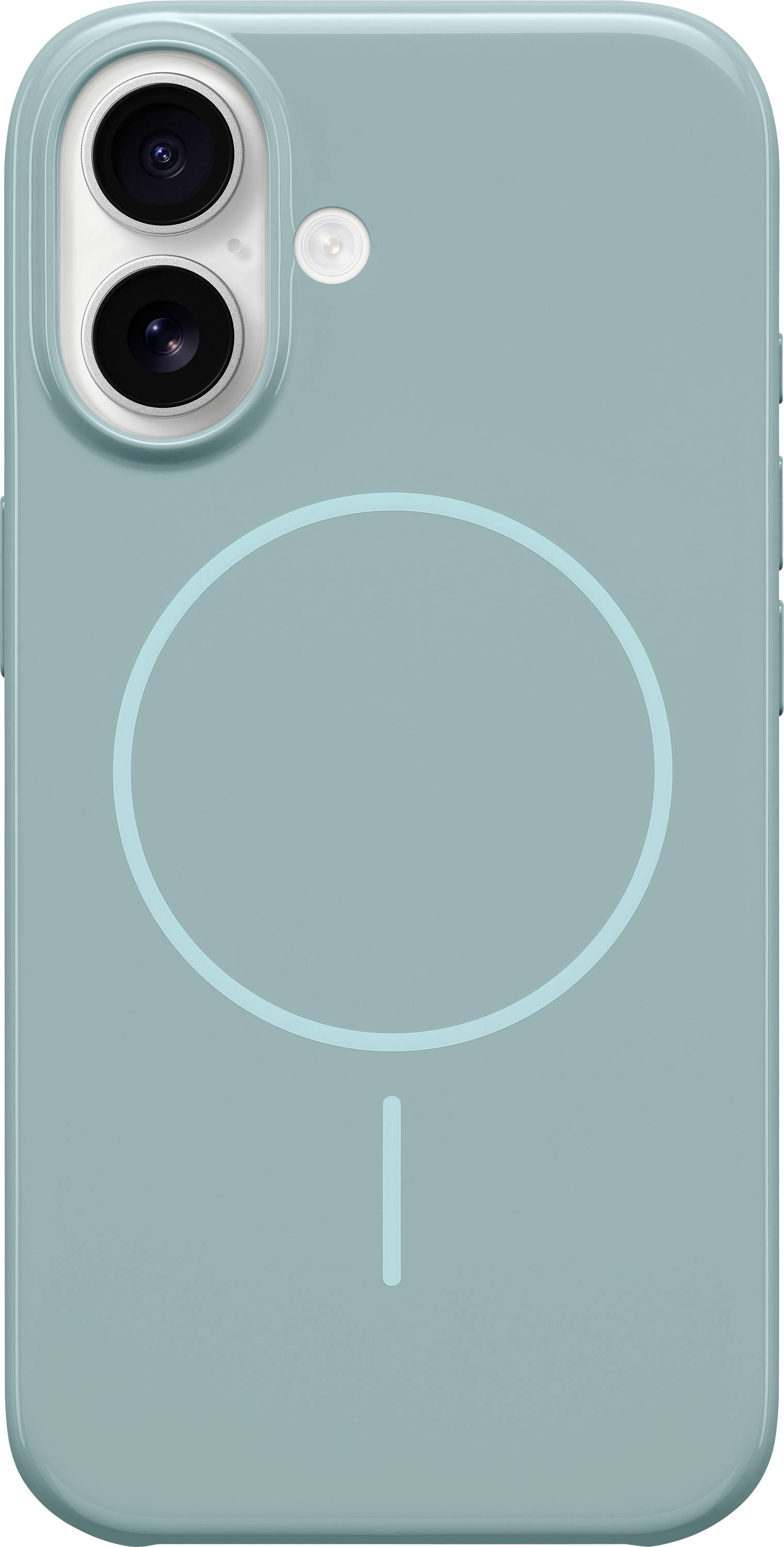 Ein türkisfarbener Smartphone-Rückseiten-Case mit kreisförmigem Design und zwei Kameraöffnungen oben links.