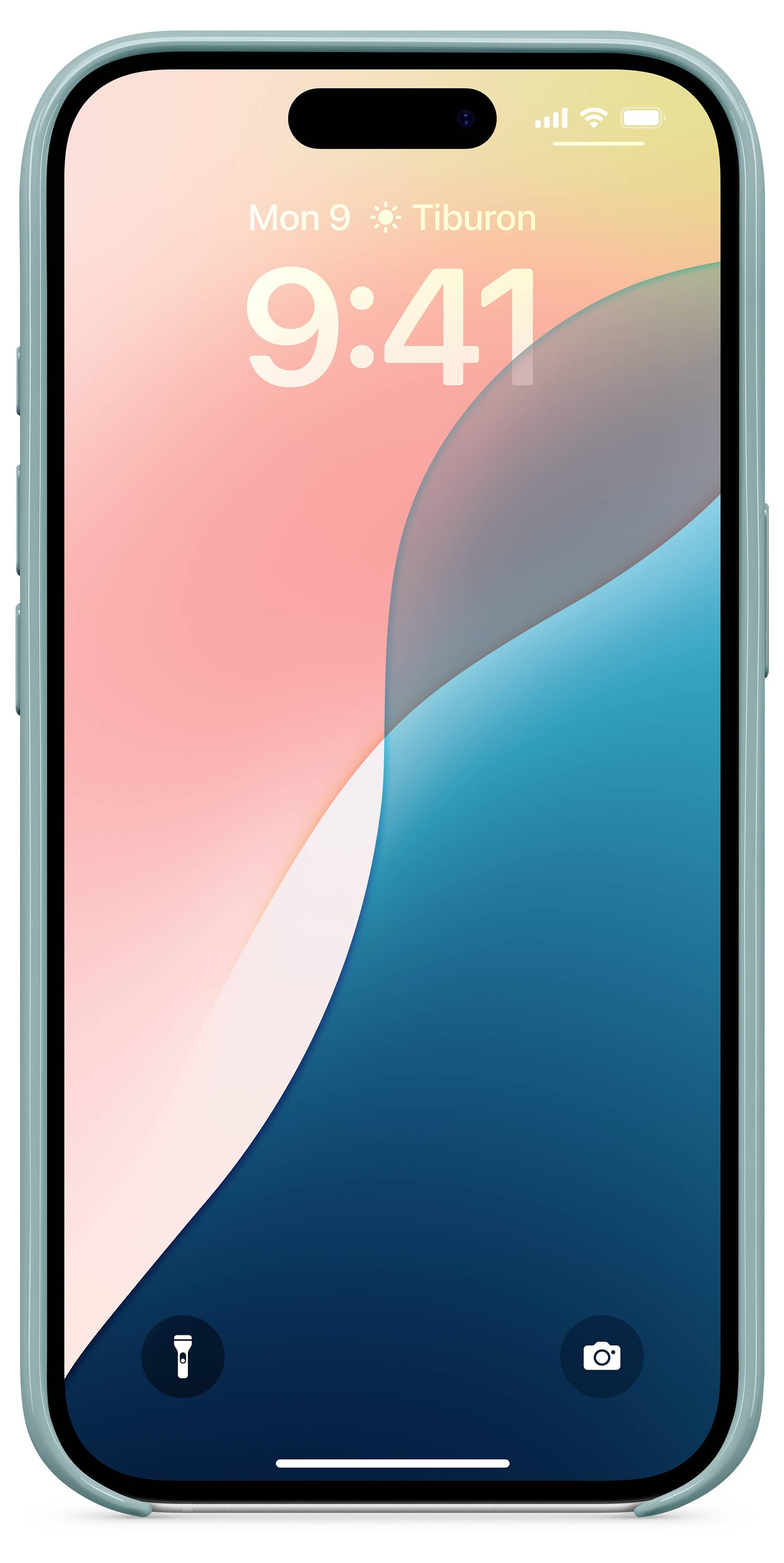 Smartphone mit farbigem Bildschirmhintergrund, zeigt Uhrzeit an '9:41'. Oben Symbole für Mobilfunk und Akku, unten Taschenlampen- und Kamerasymbol.