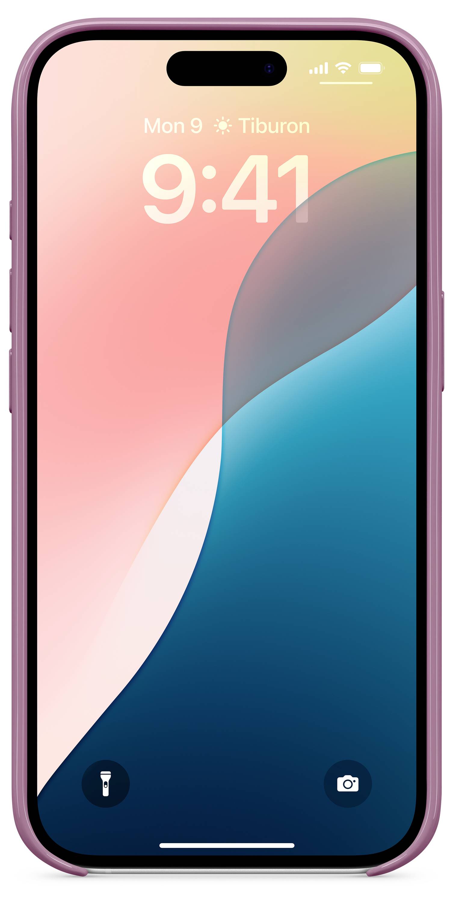 Ein Smartphone mit farbigem Bildschirm zeigt die Uhrzeit 9:41 an. Es hat Symbole für Taschenlampe und Kamera unten.