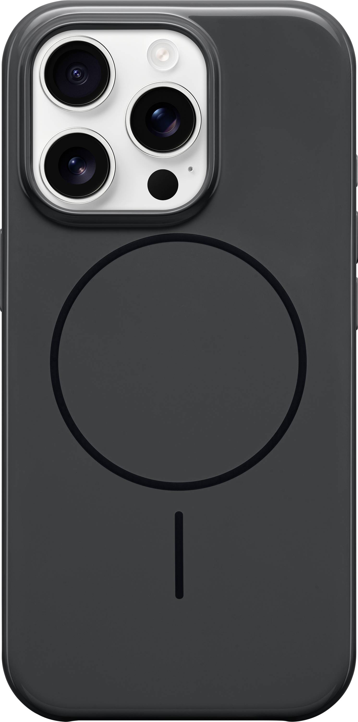 Ein schwarzes Smartphone-Case mit kreisförmigem MagSafe-Design auf der Rückseite, dreifache Kameras und Linsen sichtbar.