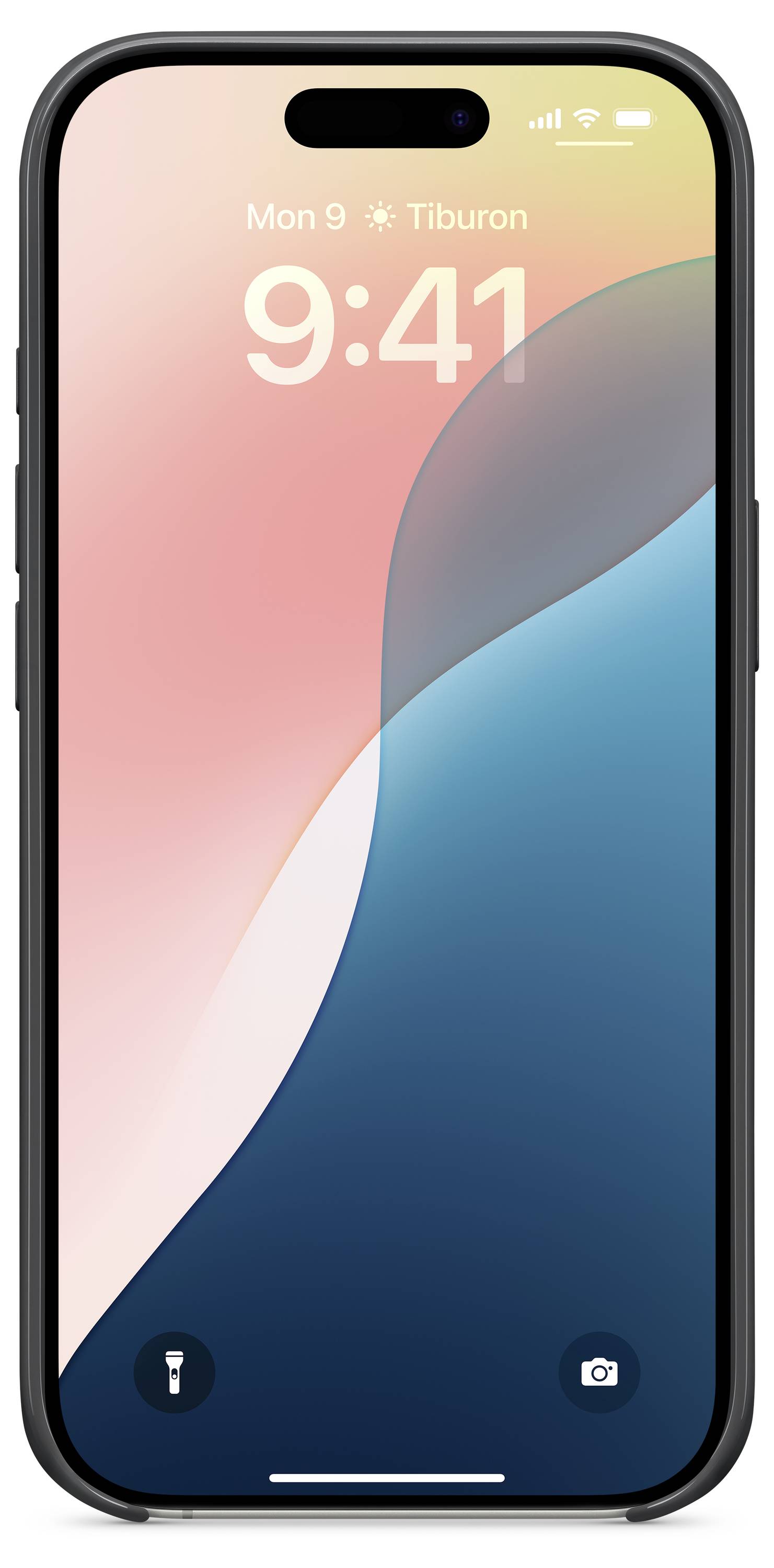 Smartphone mit gebogenem Bildschirm im Sperrmodus, Uhrzeit '9:41', Kalenderdatum 'Mon 9', und App-Symbole 'Taschenlampe' und 'Kamera'.