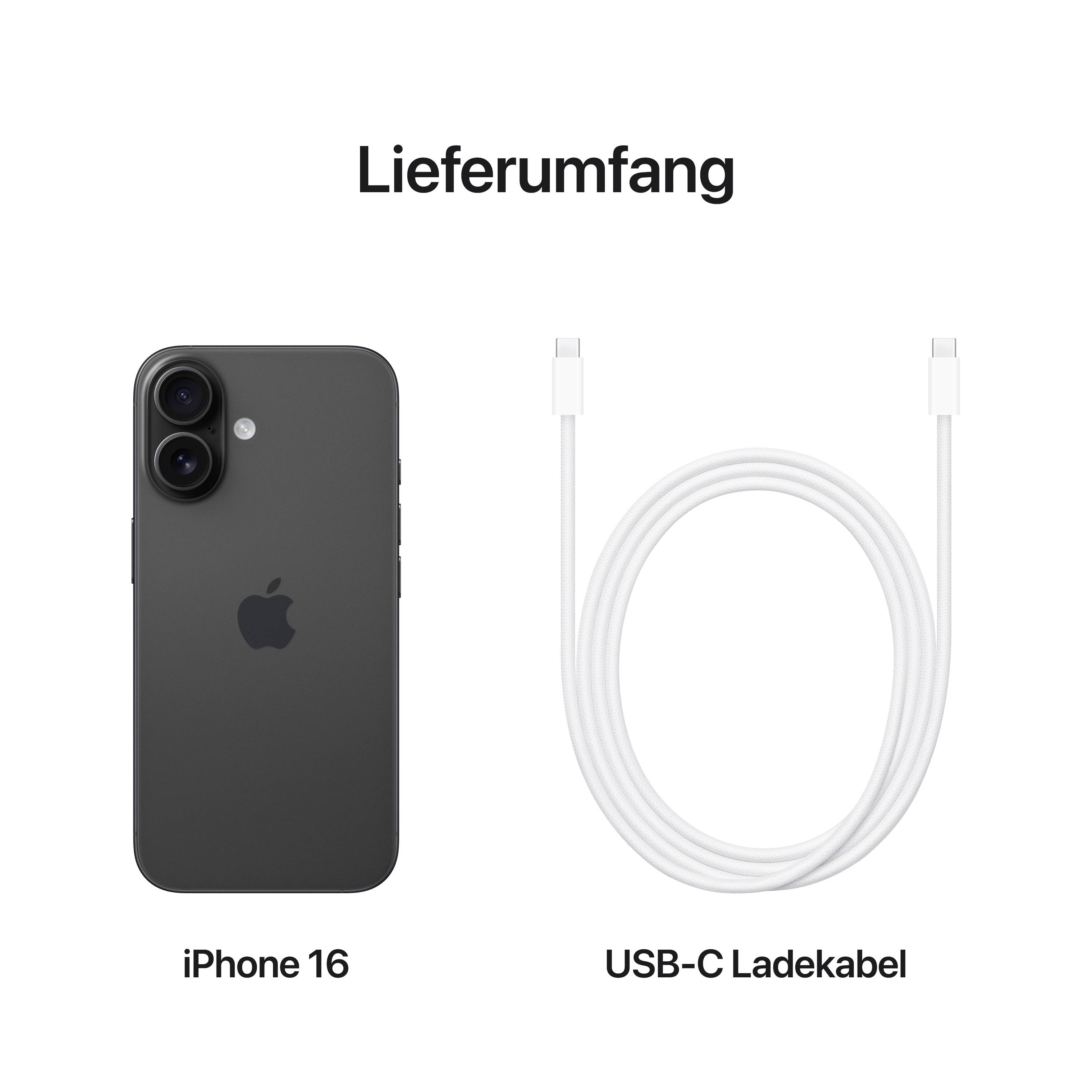 'Lieferumfang: iPhone 16 und USB-C Ladekabel' abgebildet auf weißem Hintergrund.