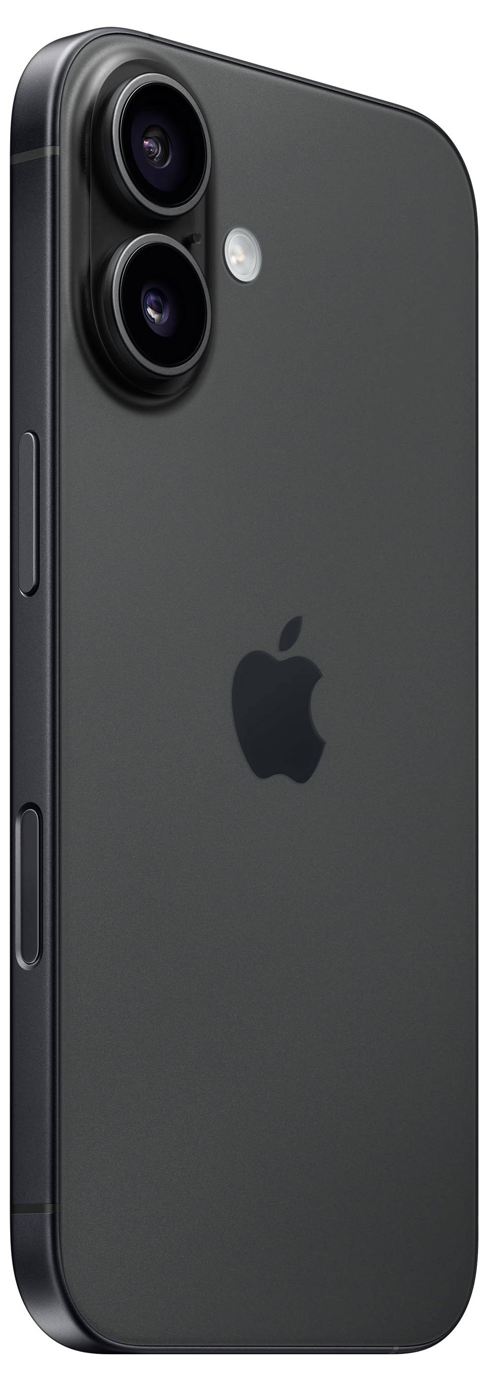 Ein schwarzes Smartphone mit zwei Kameralinsen auf der Rückseite und einem Apfel-Logo. Es hat einen schlanken, modernen Look.