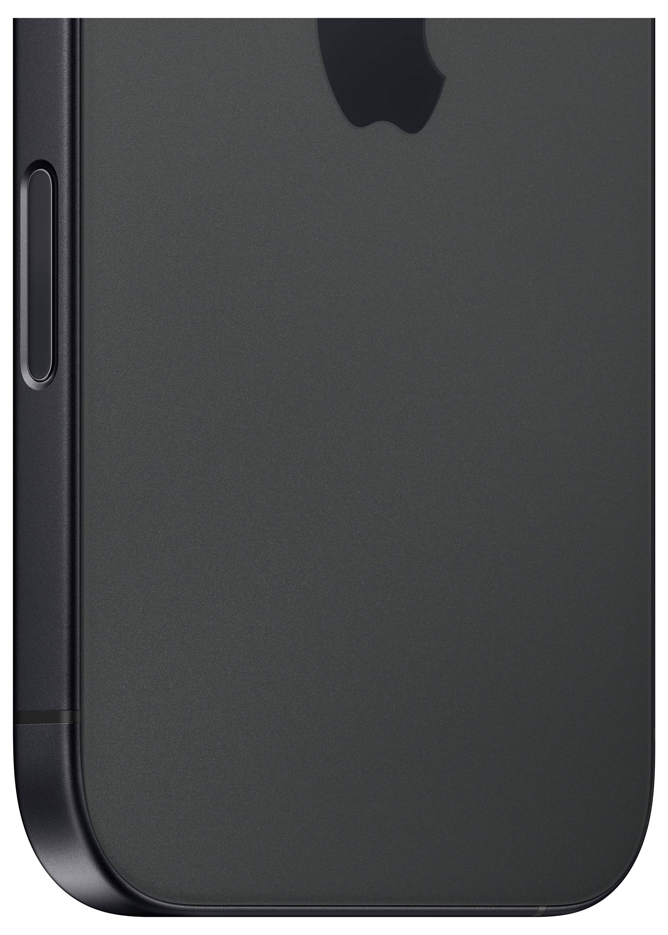Ein schwarzes Smartphone aus seitlicher Perspektive, wobei ein Teil des Apple-Logos sichtbar ist. Das Design ist schlicht und modern.