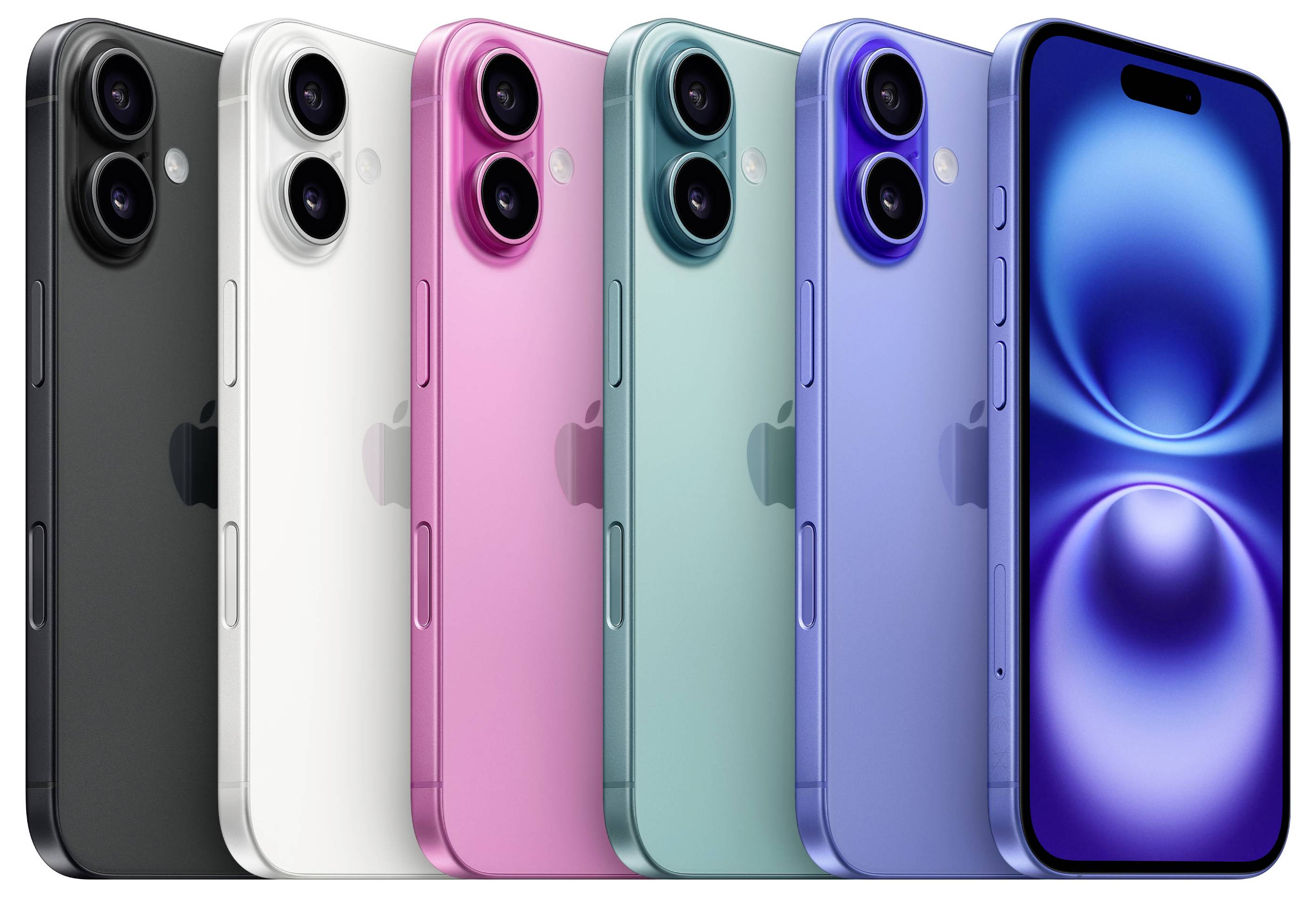 Sechs iPhones in verschiedenen Farben (Schwarz, Weiß, Pink, Grün, Blau, Dunkelblau) nebeneinander aufgestellt, zeigen die Rück- und Vorderseite.