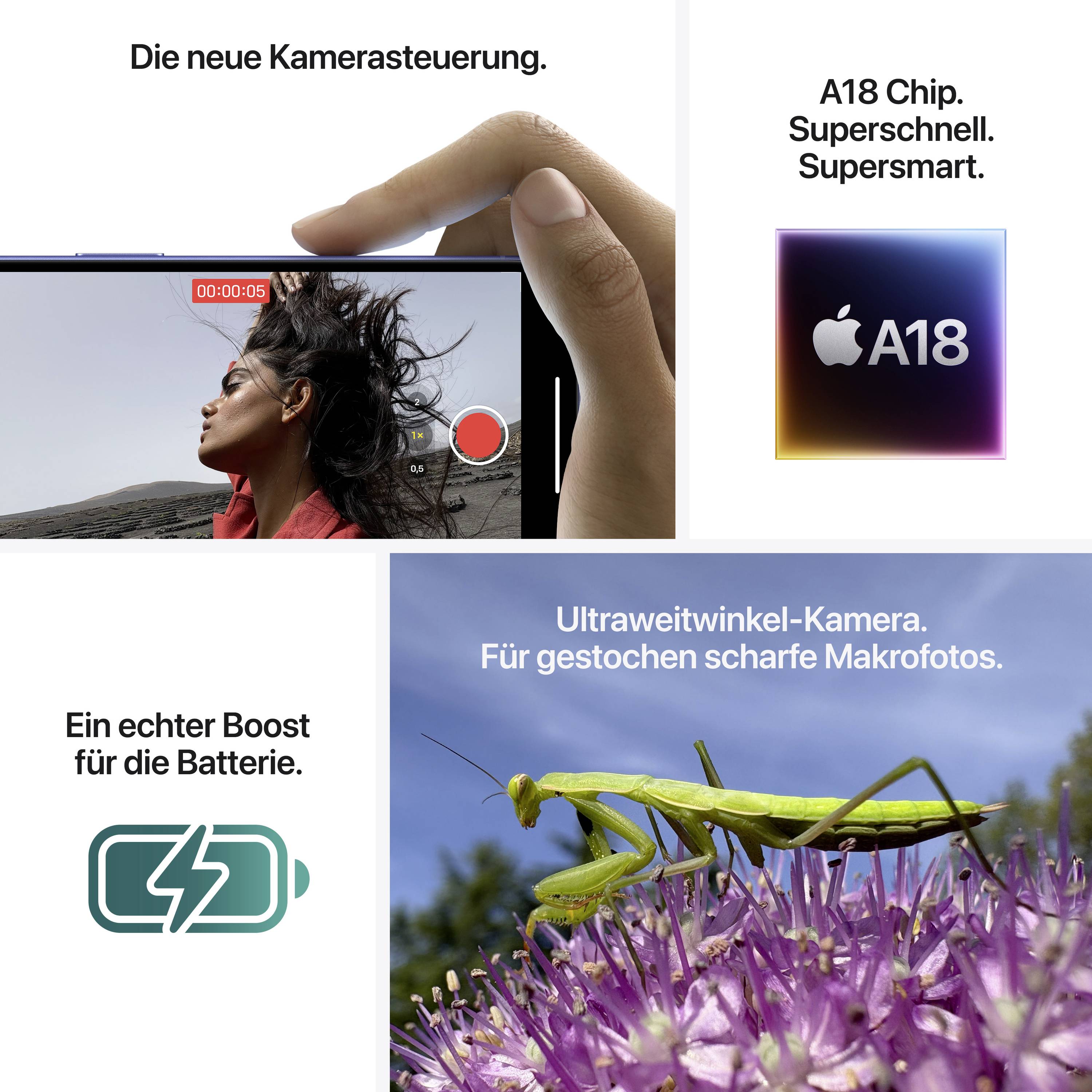 Eine Person mit Smartphone filmt im Querformat. Daneben Text 'Die neue Kamerasteuerung'. Oben rechts Logo 'A18', unten links Akku-Symbol.