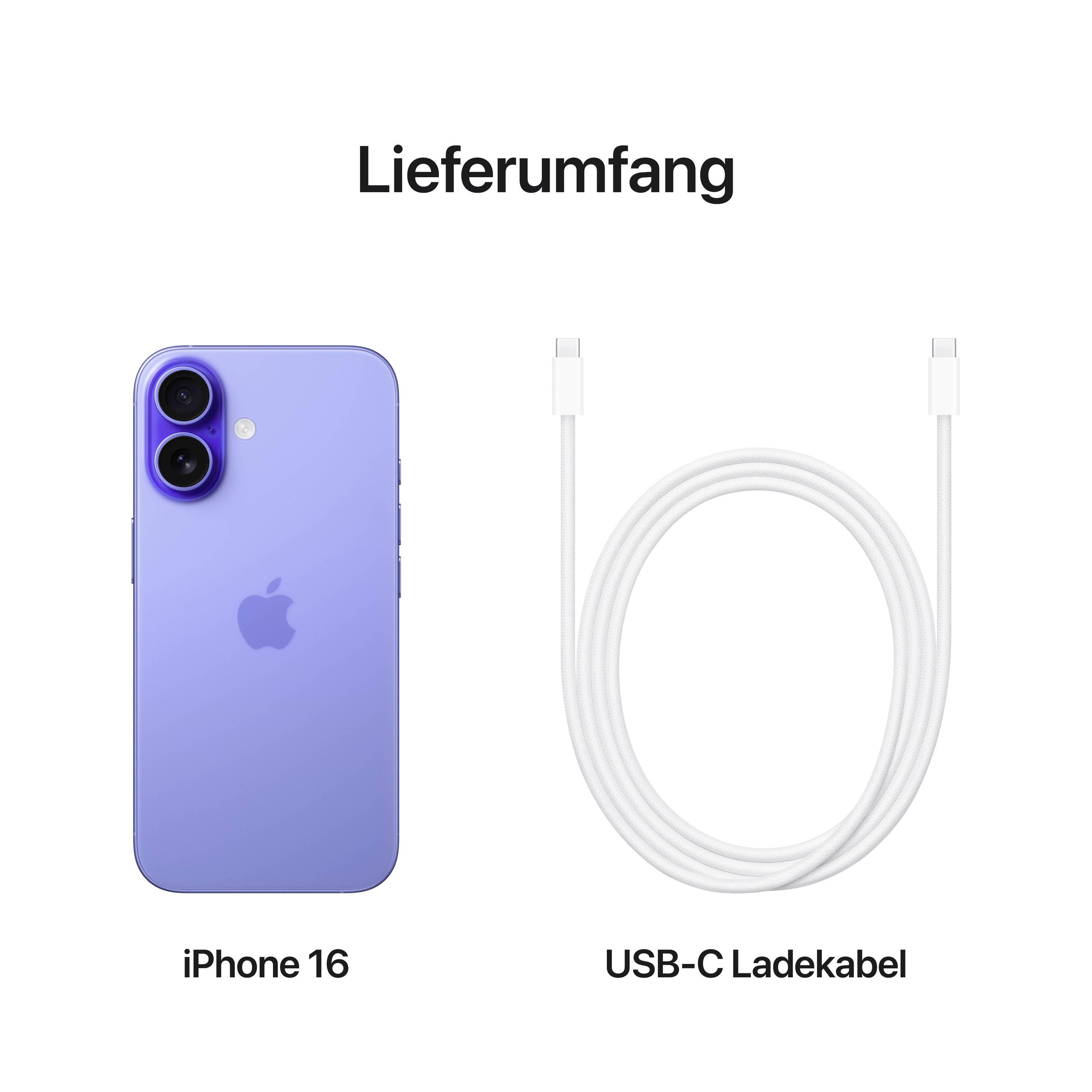 iPhone 16 in Blau und ein weißes USB-C-Ladekabel. Überschrift: Lieferumfang.